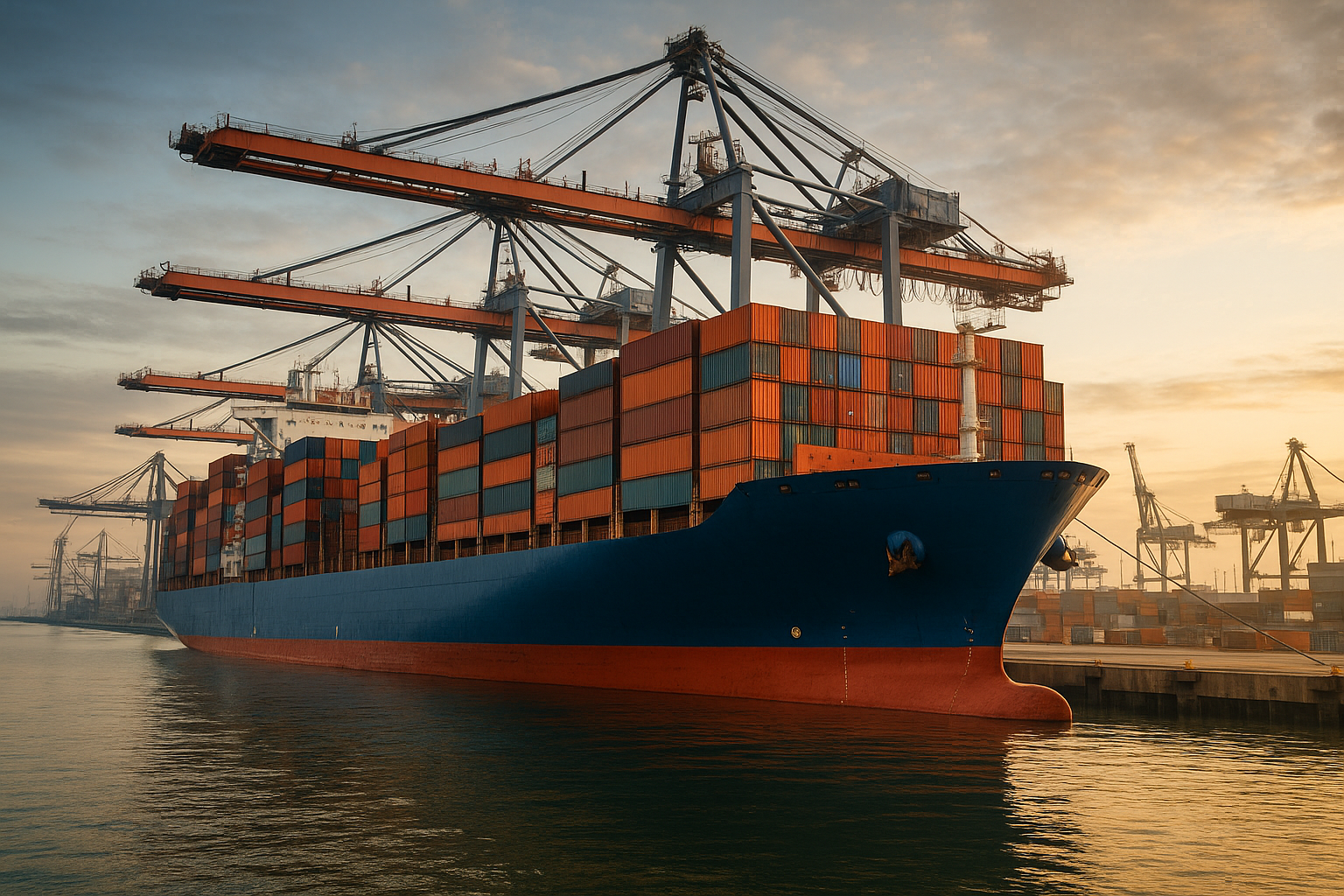 COSCO Shipping container vessel docked at a busy port terminal