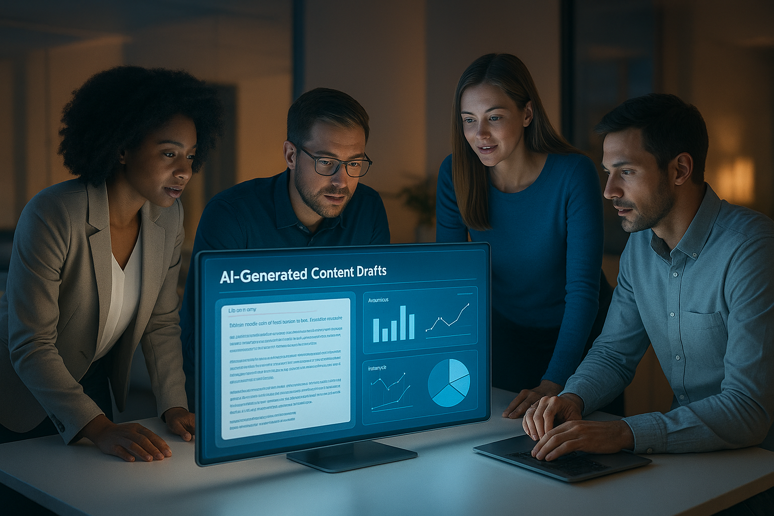 Marketing team reviewing generative ai for content marketing dashboard with analytics