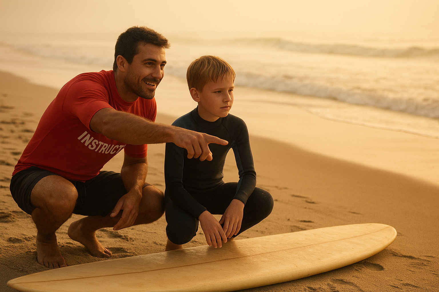 Surf instructor teaching ocean safety skills to a beginner on the beach