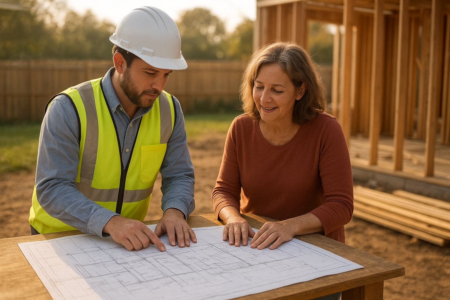 Project manager and homeowner reviewing ADU project management in Orange County blueprints outdoors