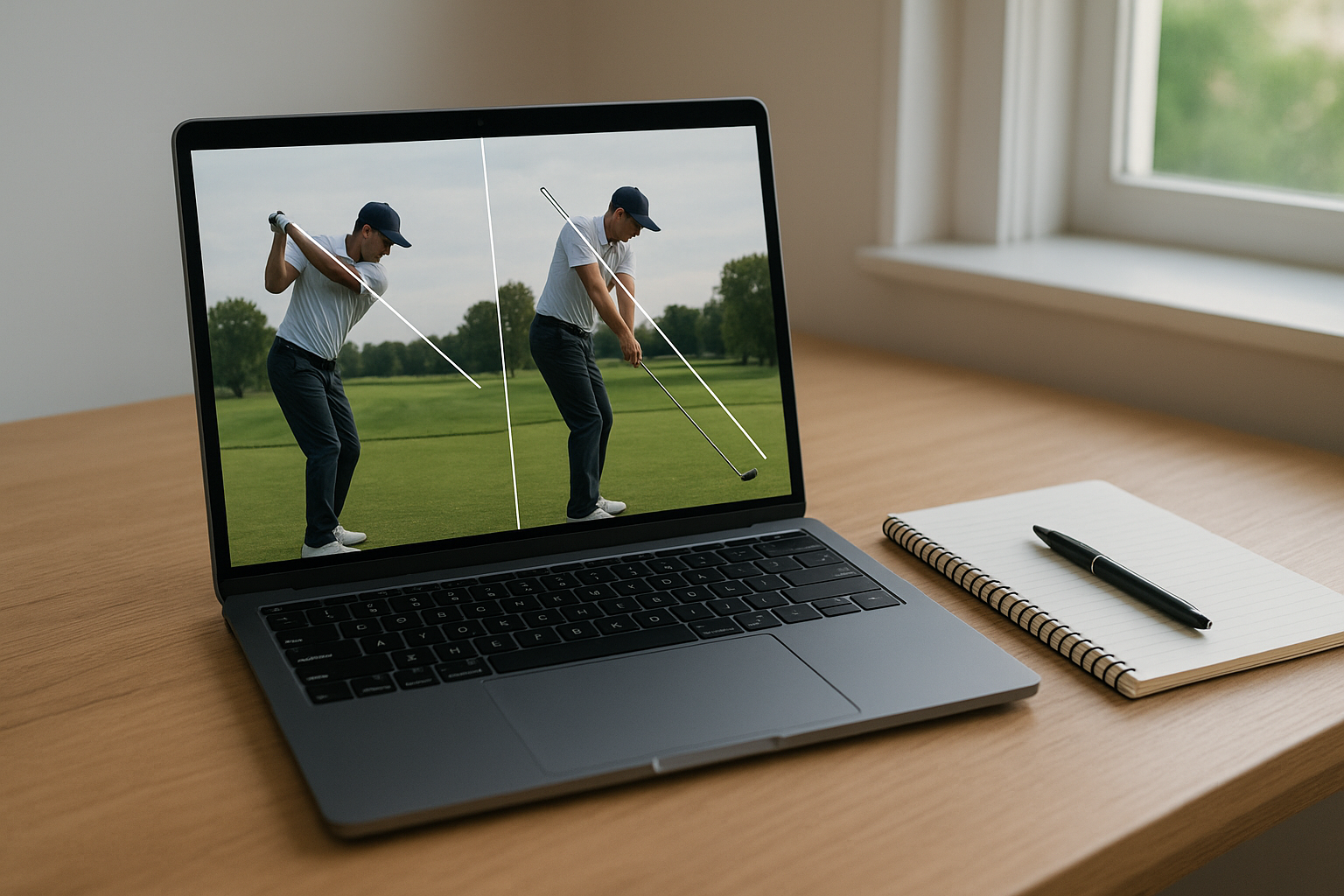 Online golf coach reviewing swing video analysis on a laptop screen for remote instruction