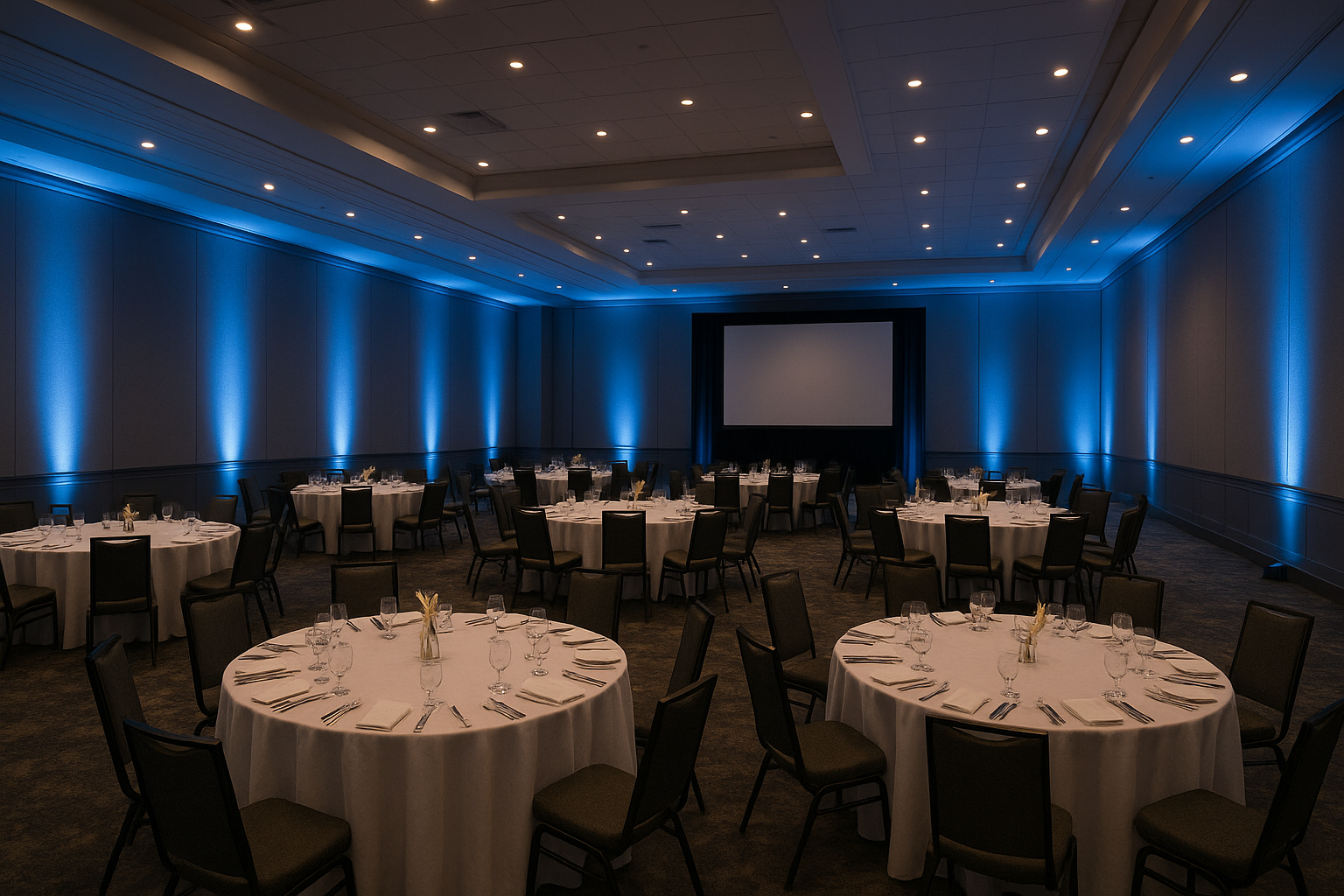 Corporate banquet hall equipped with lighting and projection gear from professional AV equipment hire