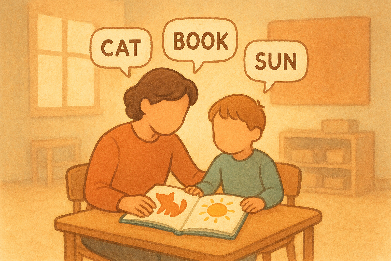 Adult and child sharing a story while modeling a core word together