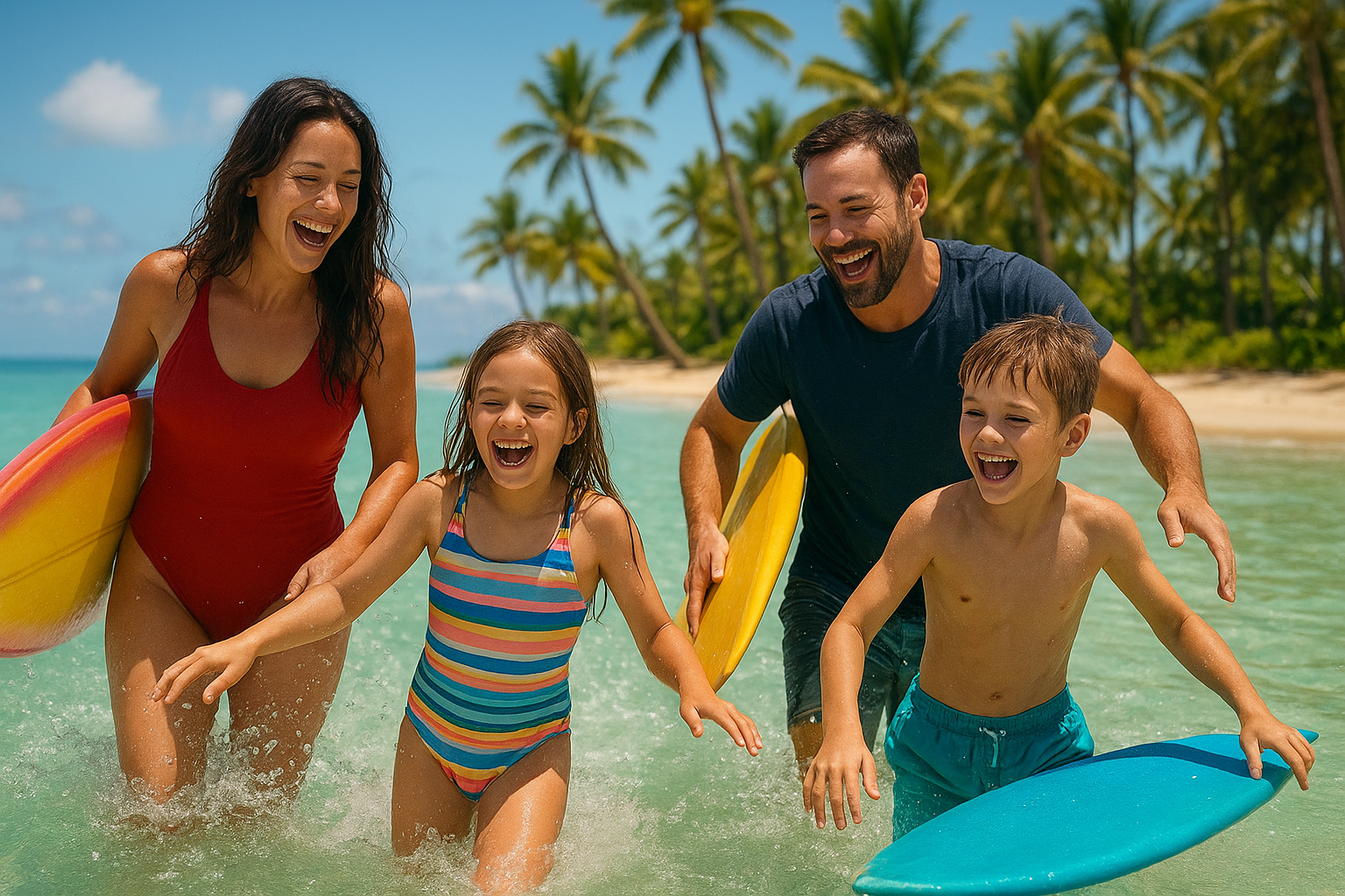 Family enjoying a group surf lesson experience together in the ocean at a tropical beach
