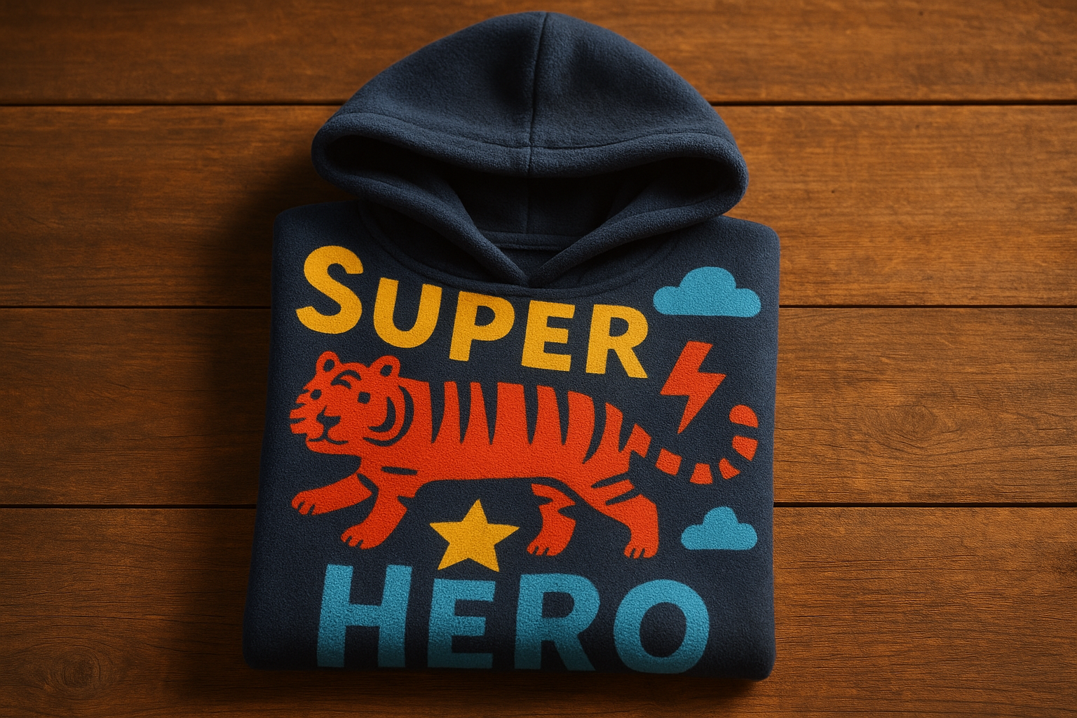 Close-up of soft-feel fabric on a stylish children's hoodie with a bold graphic print