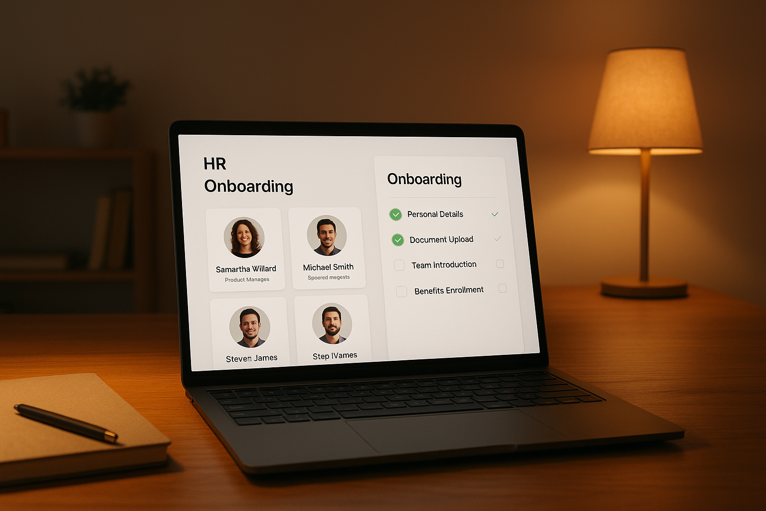 Cloud HR software onboarding screen showing employee profiles and setup checklist