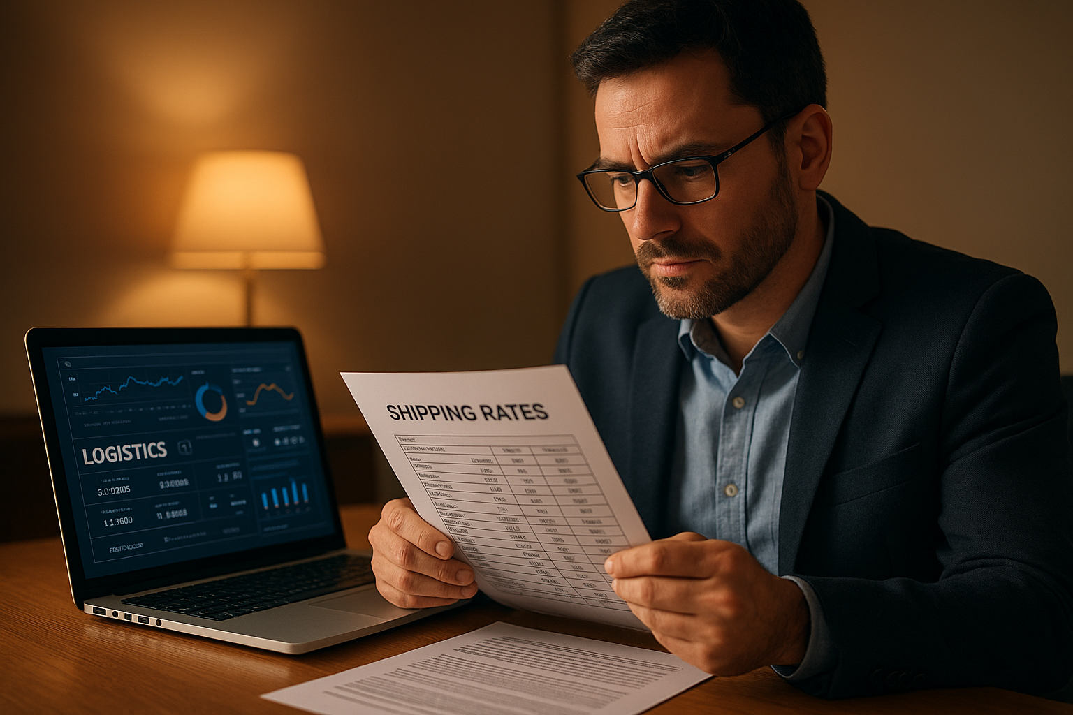 Freight broker reviewing port shipping rates on a laptop at a logistics office desk