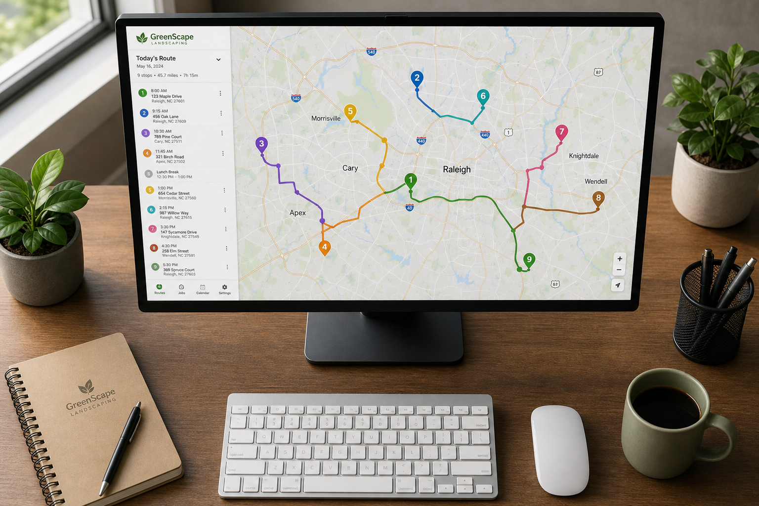 Dispatcher viewing a GPS route map for landscaping crews on a desktop screen