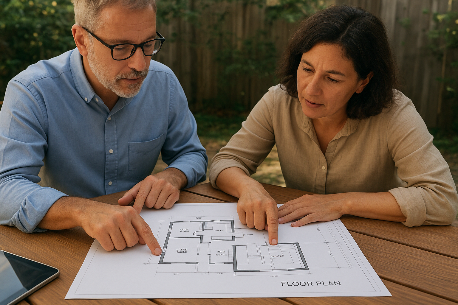 Homeowner and contractor reviewing floor plans for a mother-in-law suite addition