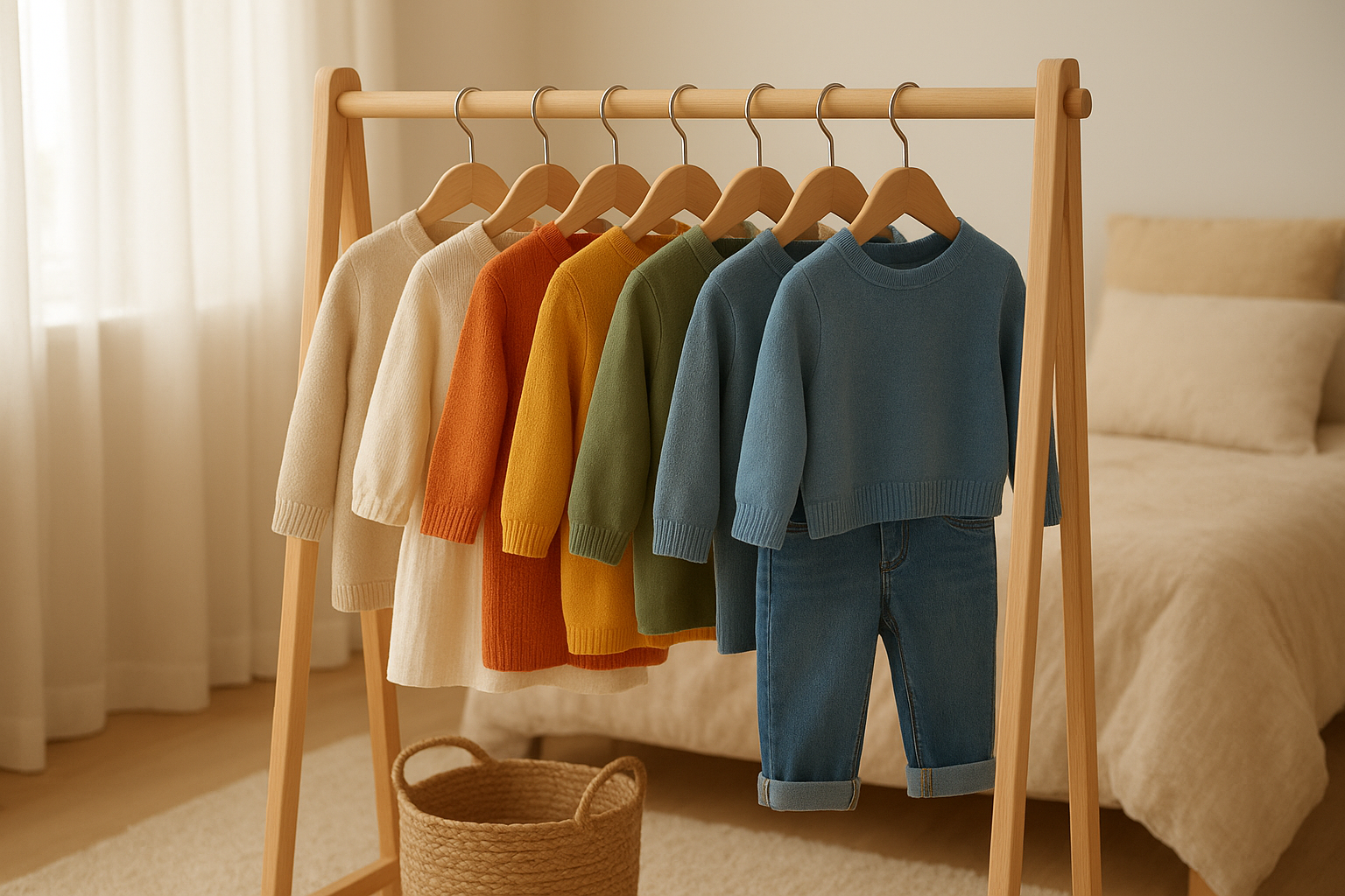 Color-coordinated rack showing a stylish seasonal kids wardrobe organized by outfit