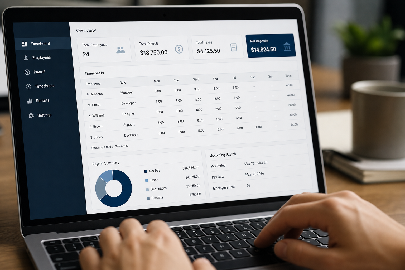 Close-up of a laptop screen showing a payroll dashboard with timesheet and deposit details