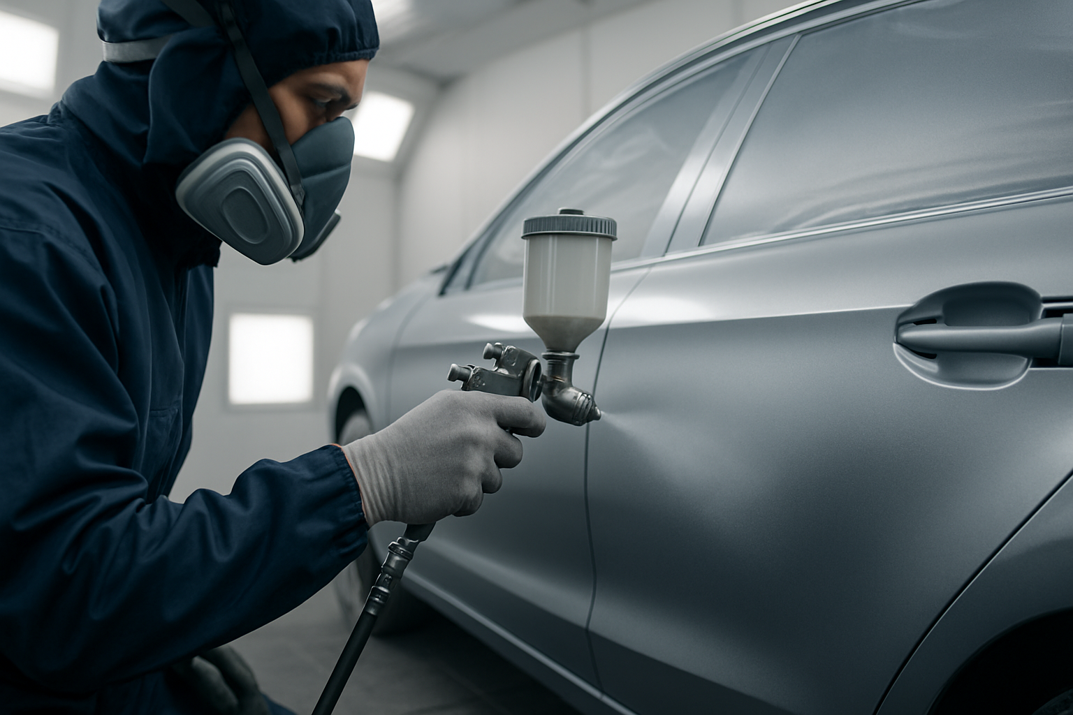 Auto body painter applying precision paint matching at a California collision repair shop