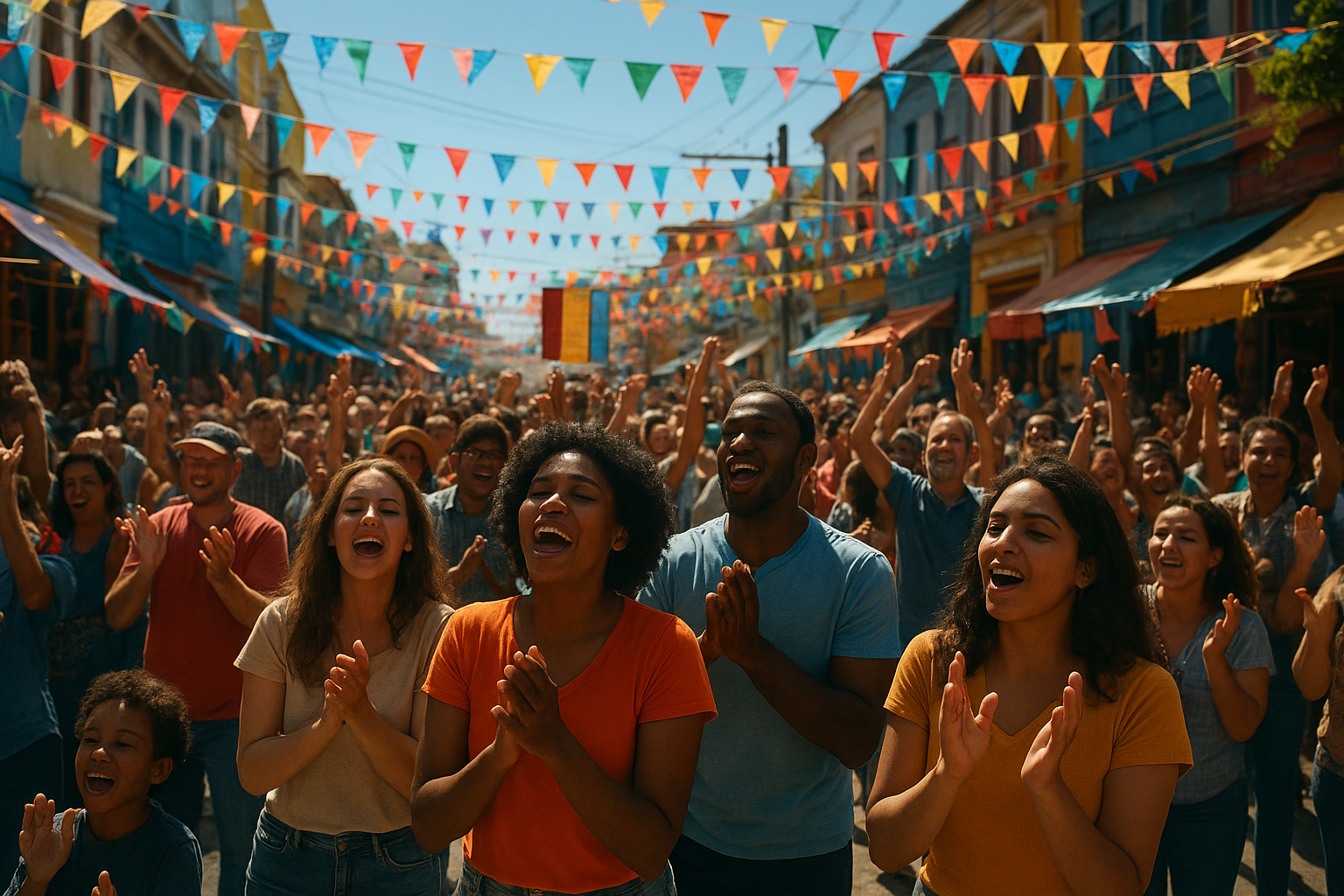 Diverse crowd at a street festival celebrating together with colorful flags overhead