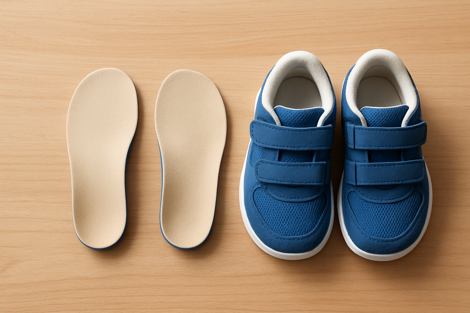 Pair of finished children's custom orthotics next to kids sneakers on a wooden table