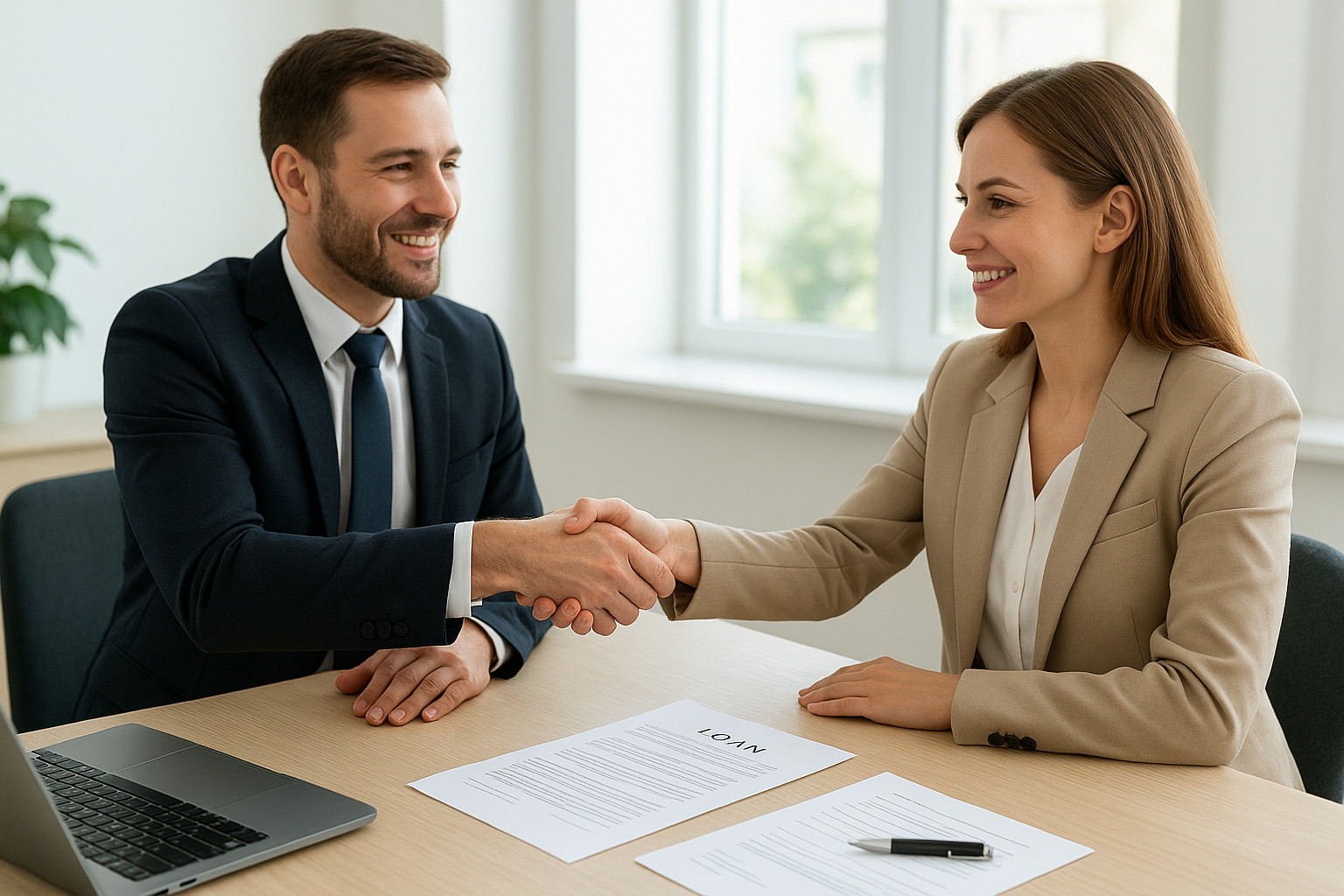 Lender and small business owner reviewing loan documents for expansion financing