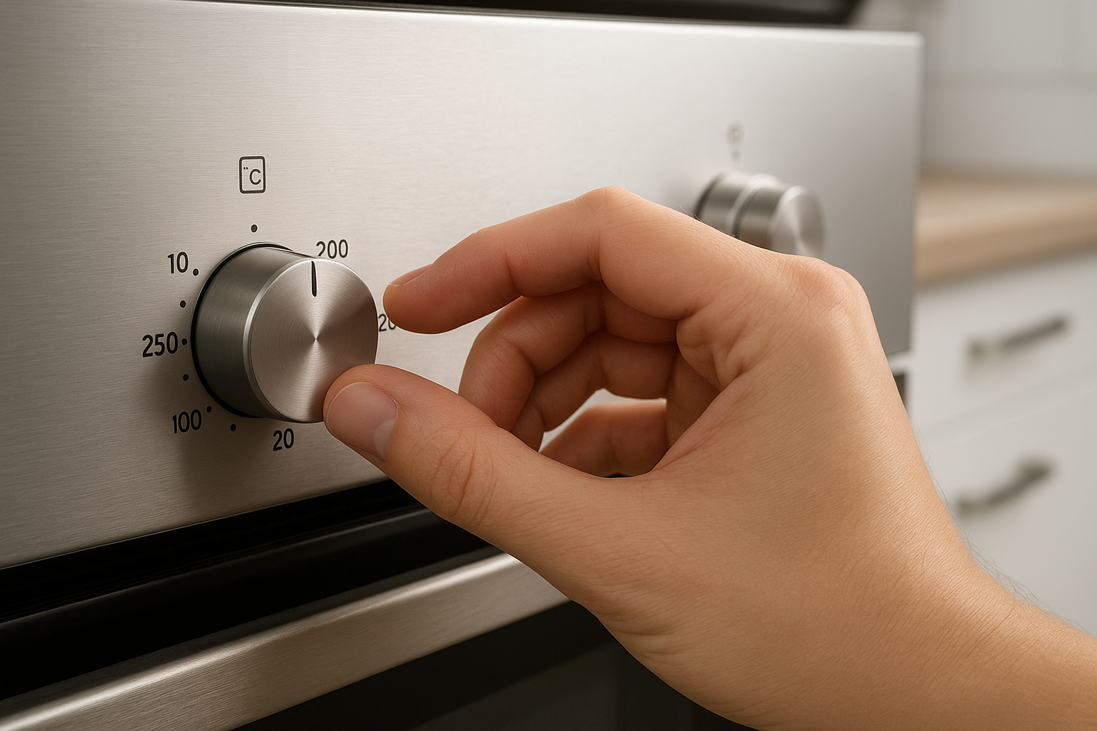 Close-up of oven thermostat dial being checked during maintenance
