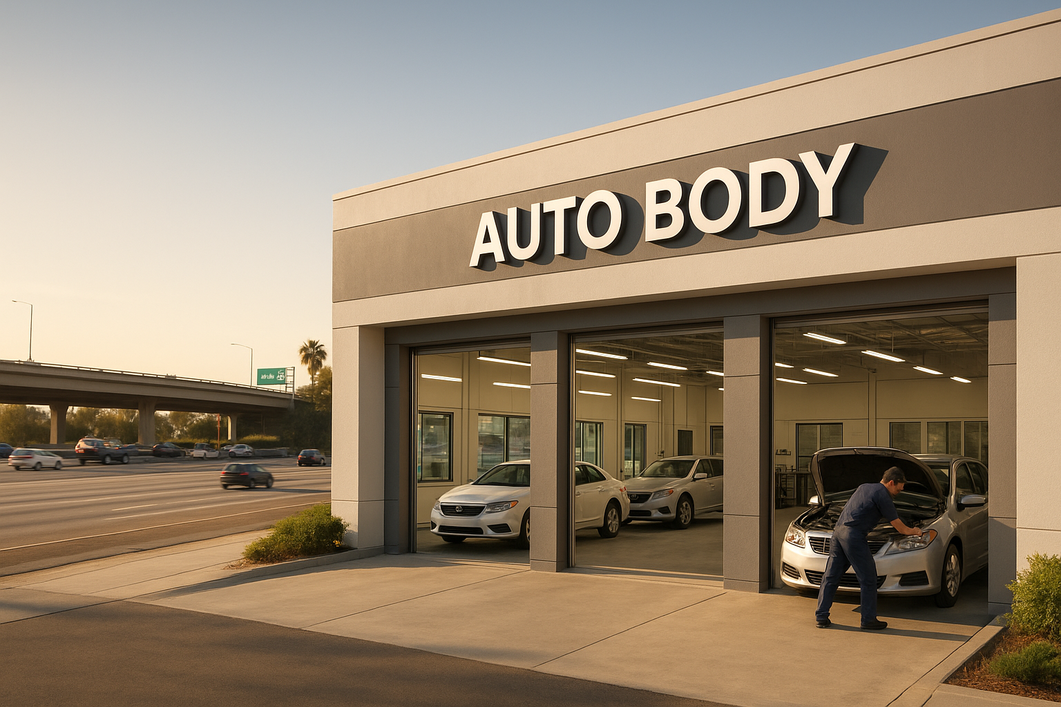 Highway body shop exterior with technician inspecting a vehicle near service bays