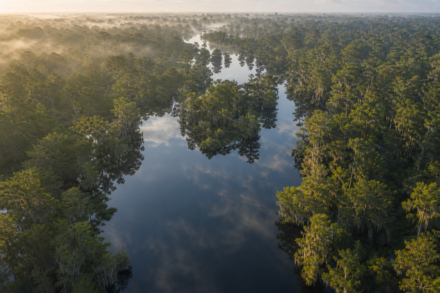Aerial view of a Louisiana cypress bayou captured by drone for a cinematic film scene