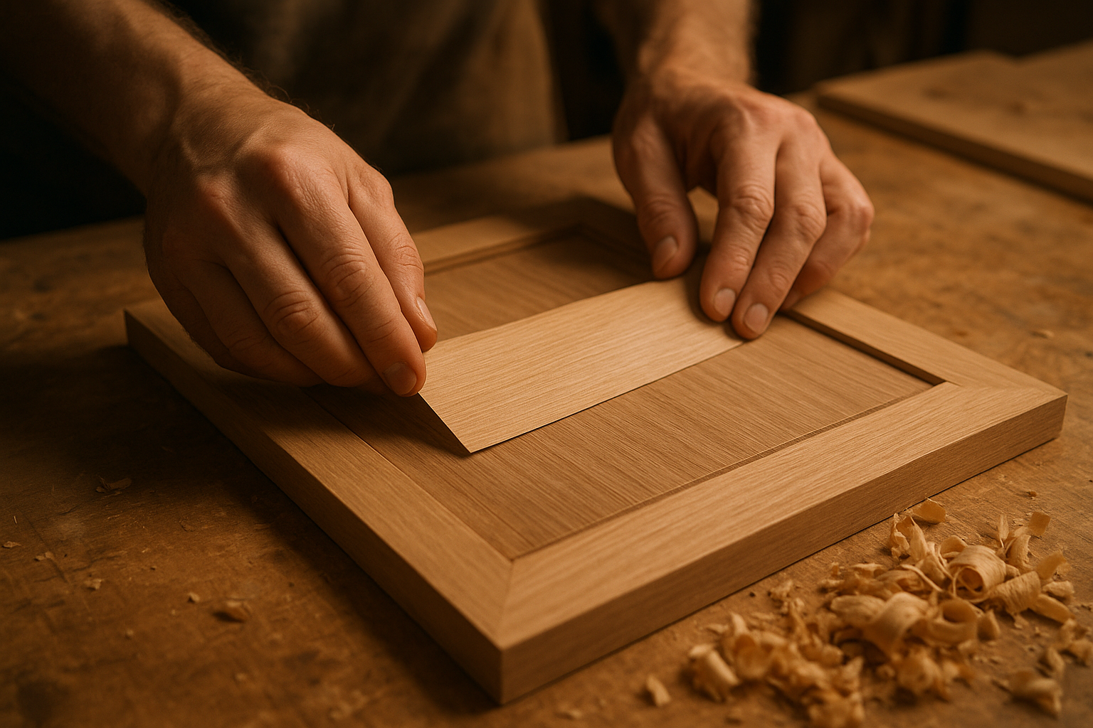 Craftsman applying wood veneer to a cabinet door during a refacing project