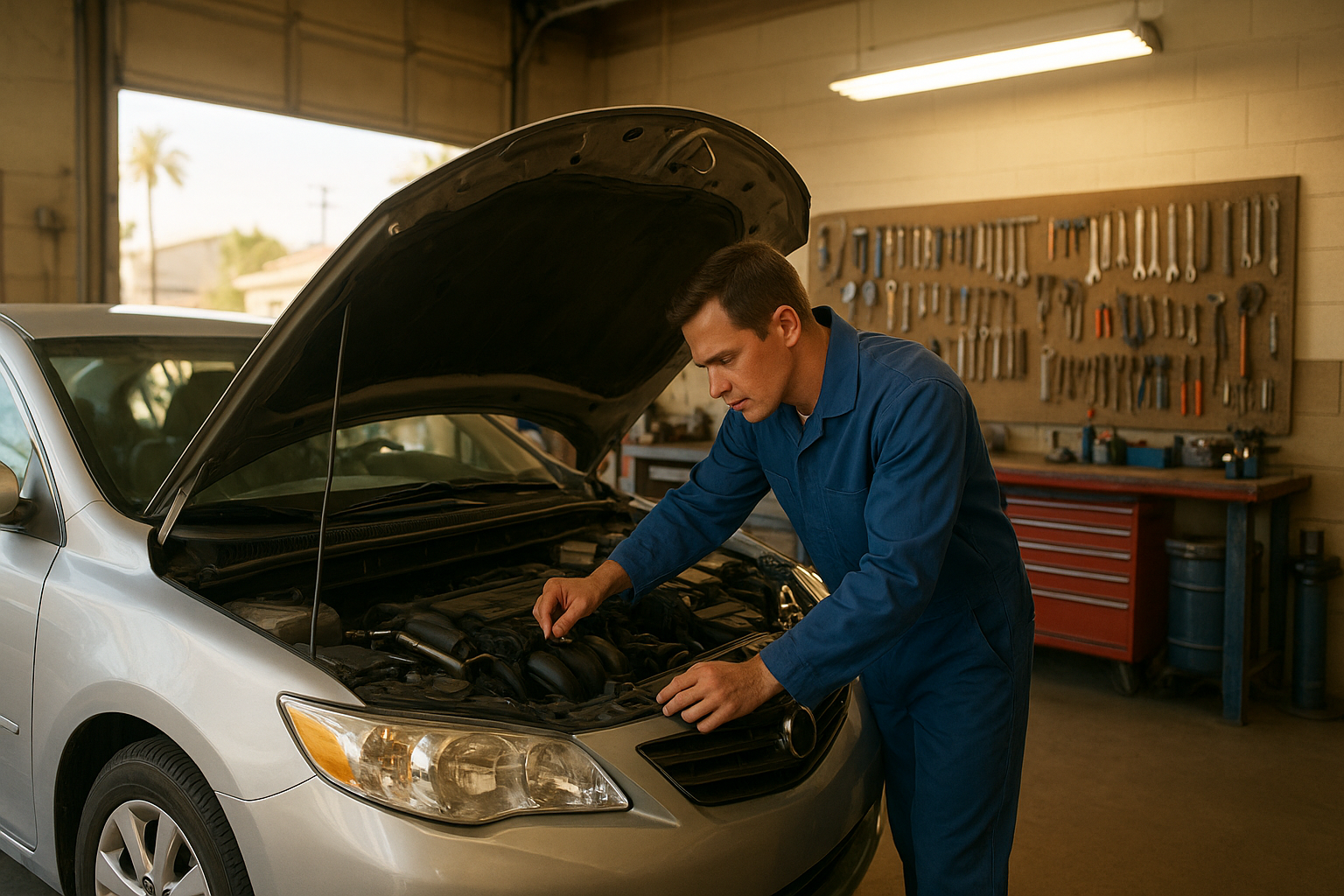 Mechanic performing auto repair in Brea CA inside a clean professional garage