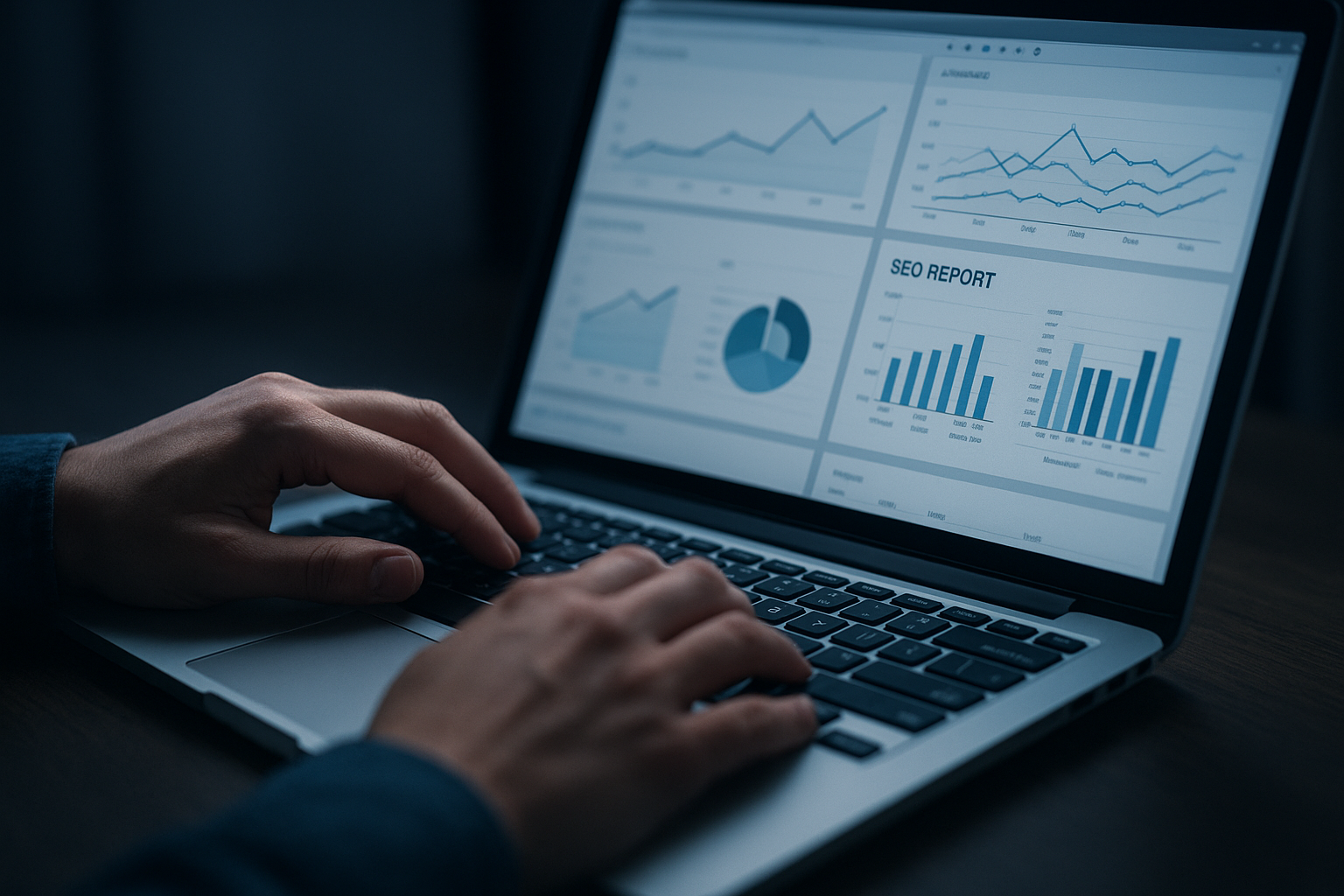 Person checking website hits and reviewing SEO analytics reports on a computer screen