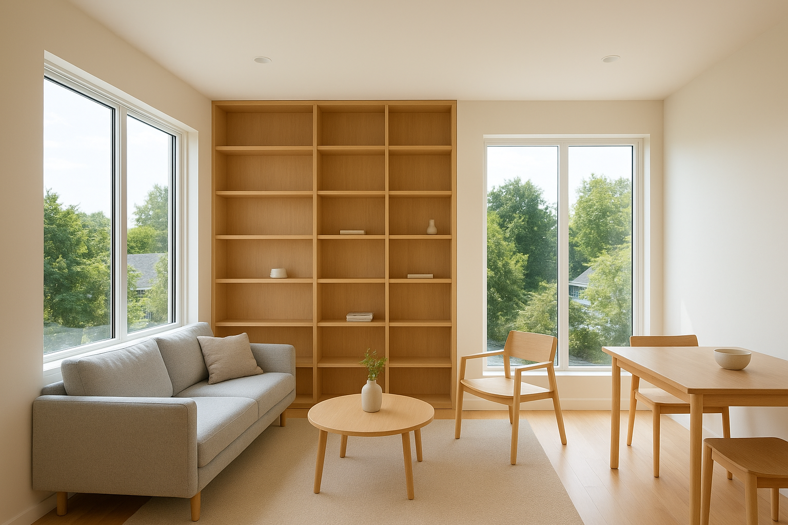 Bright interior of a finished second-story ADU unit with large windows and built-in shelving