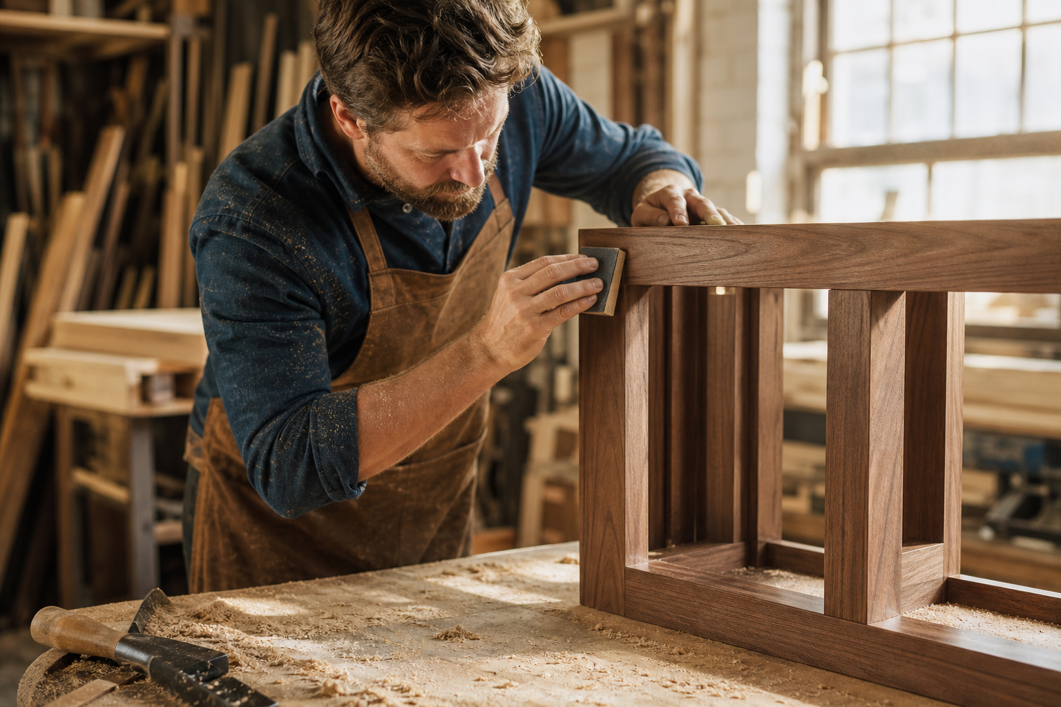 Craftsman sanding a custom wood built-in cabinet frame in a workshop