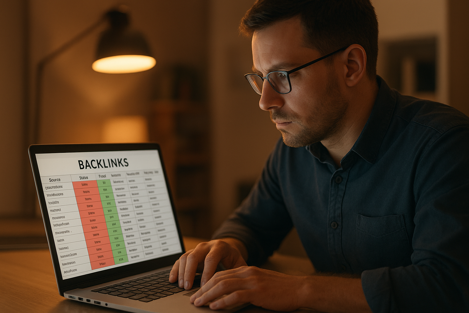 SEO analyst performing a backlink audit by reviewing link quality data on a laptop
