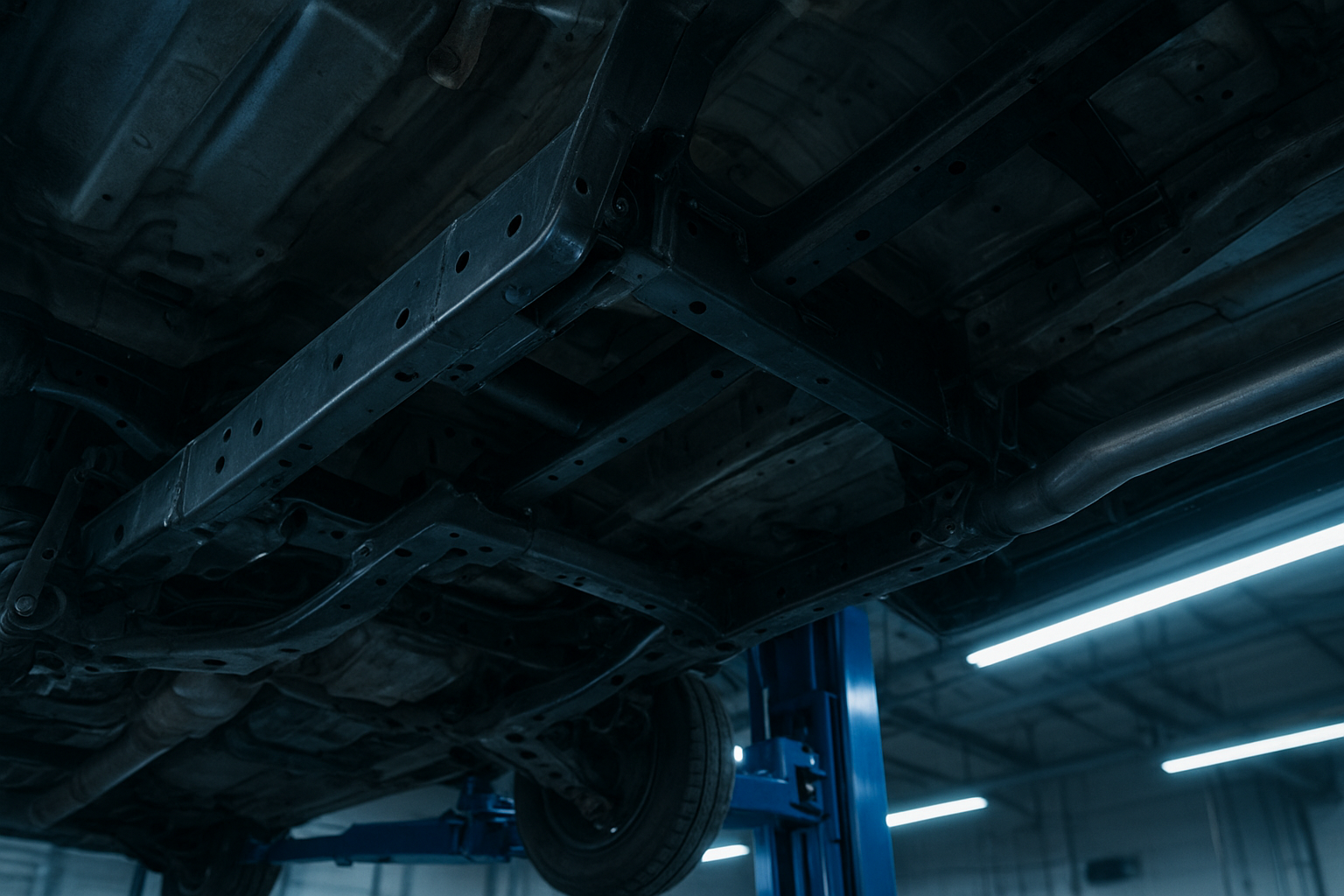 Vehicle undercarriage on a lift showing frame rails inspected during body and frame repair