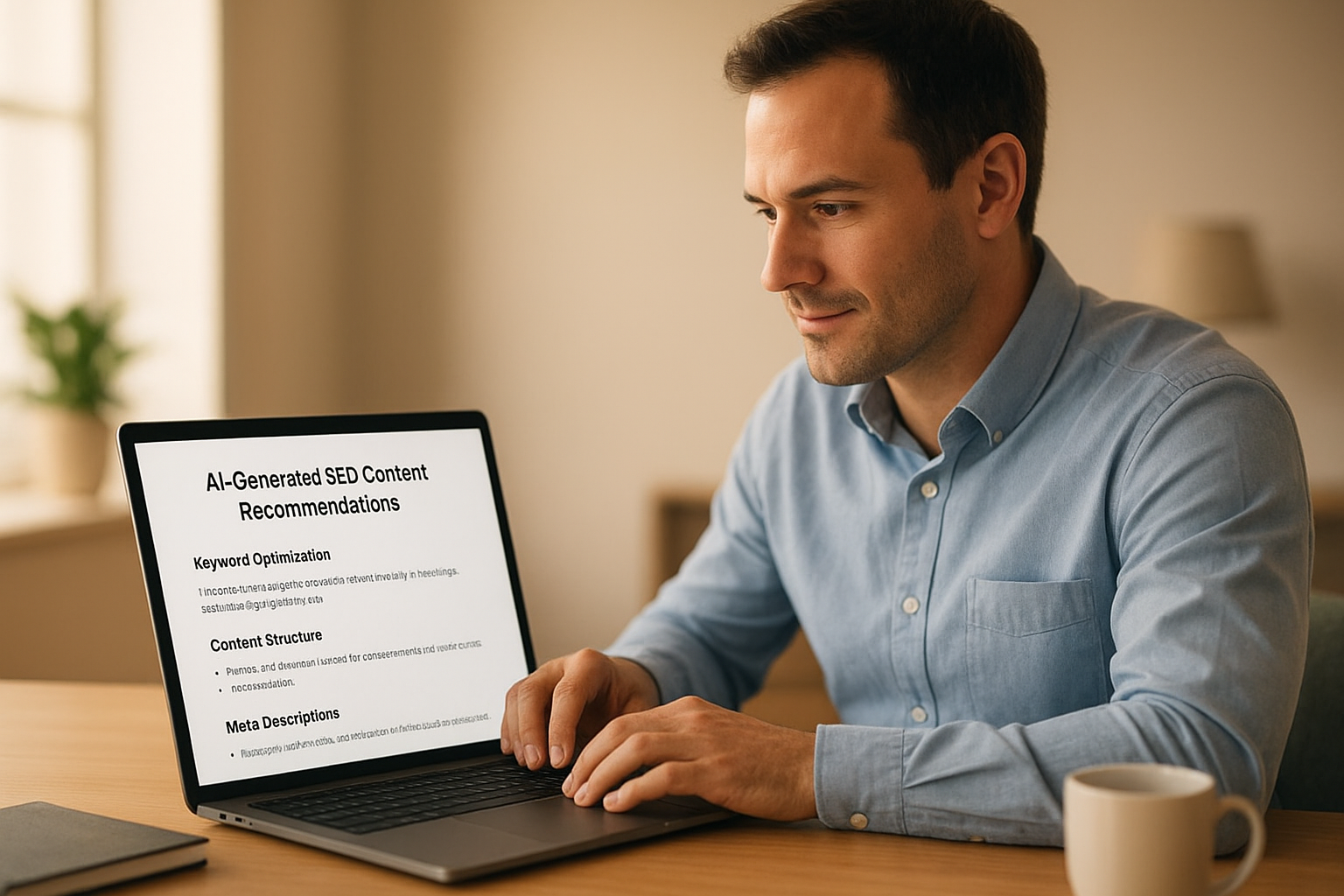 SEO professional reviewing AI-powered content optimization recommendations on a laptop