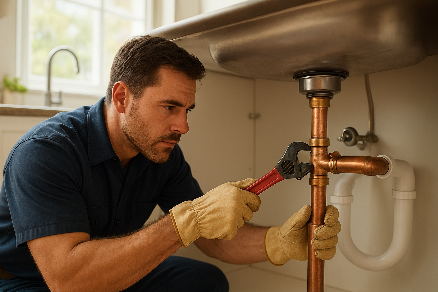 041eb4a7_plumber-terrell-tx-repair Plumber in Terrell TX repairing a copper pipe under a kitchen sink