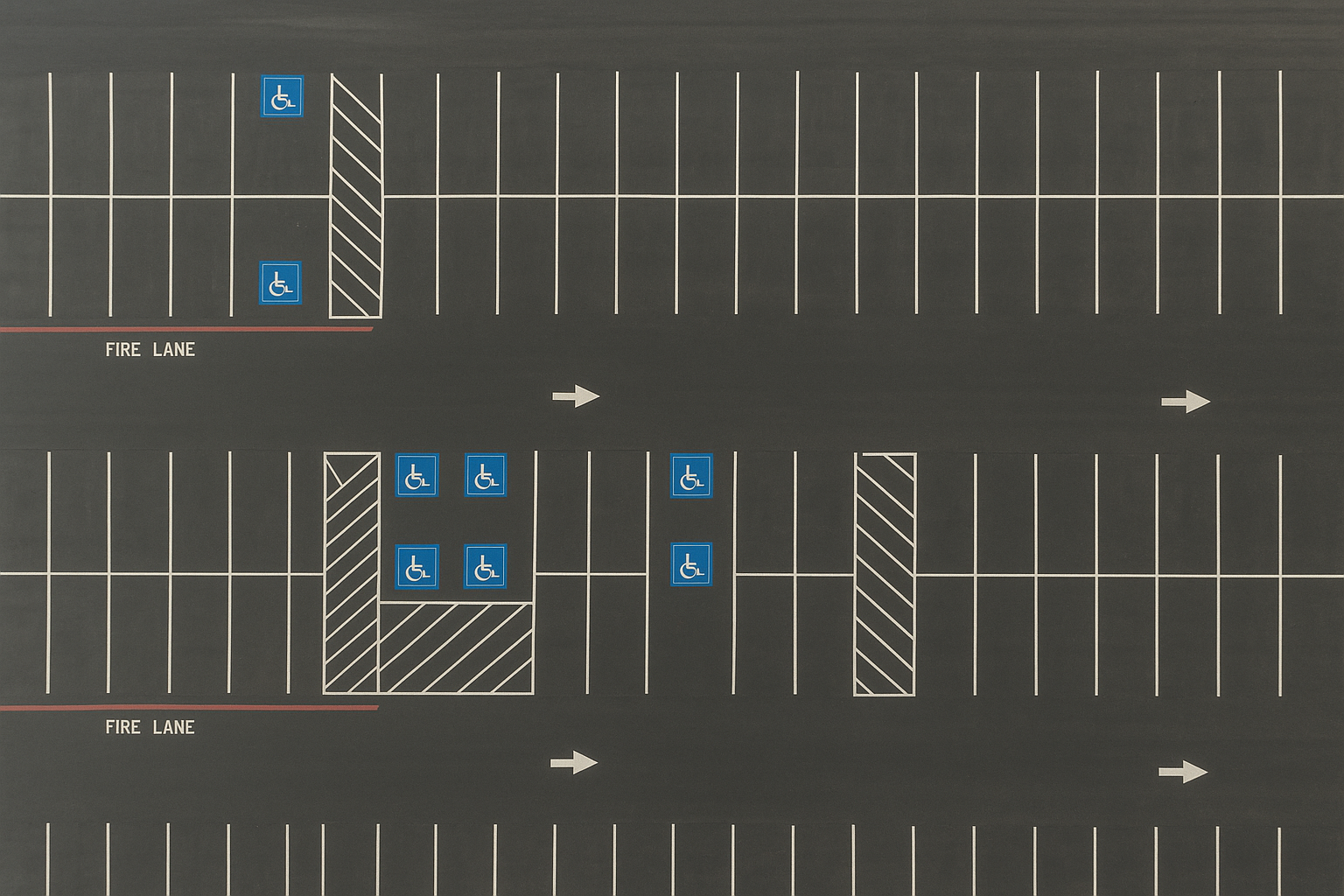 Aerial view of a fully striped commercial parking lot with ADA compliant markings