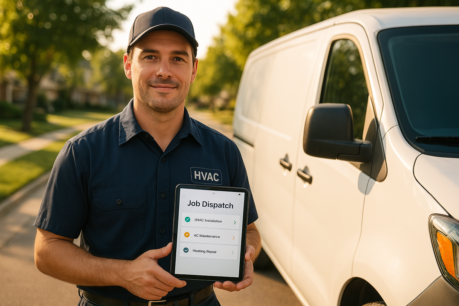 HVAC technician using a field app on a tablet to view dispatched jobs
