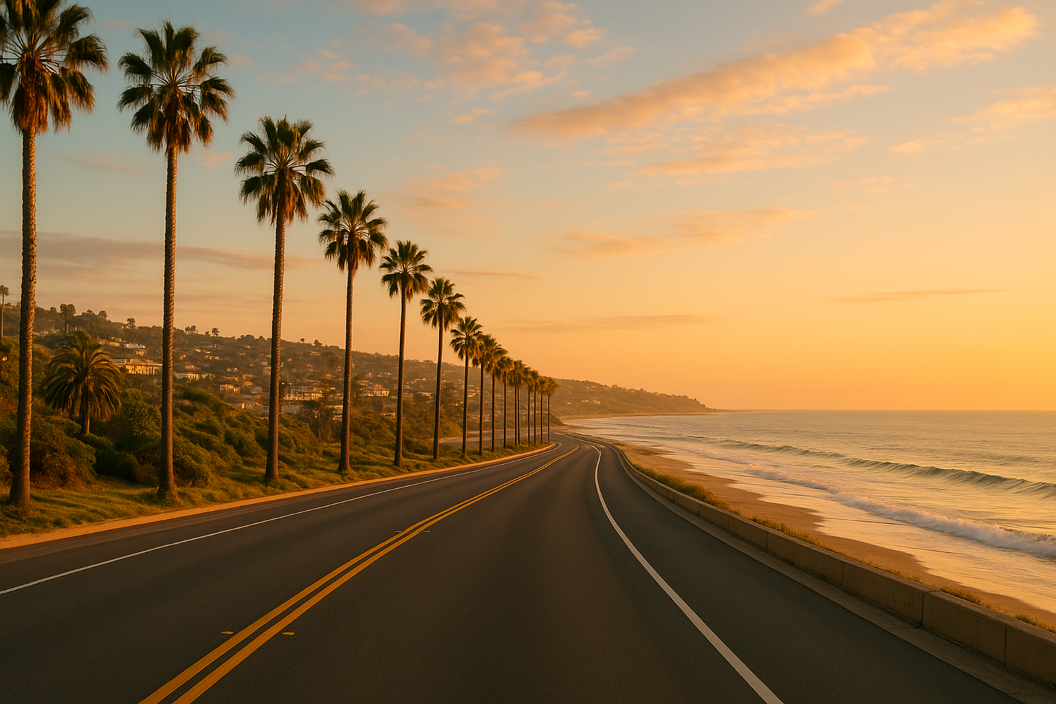 Coastal highway near Santa Barbara at sunset along the Pacific Ocean