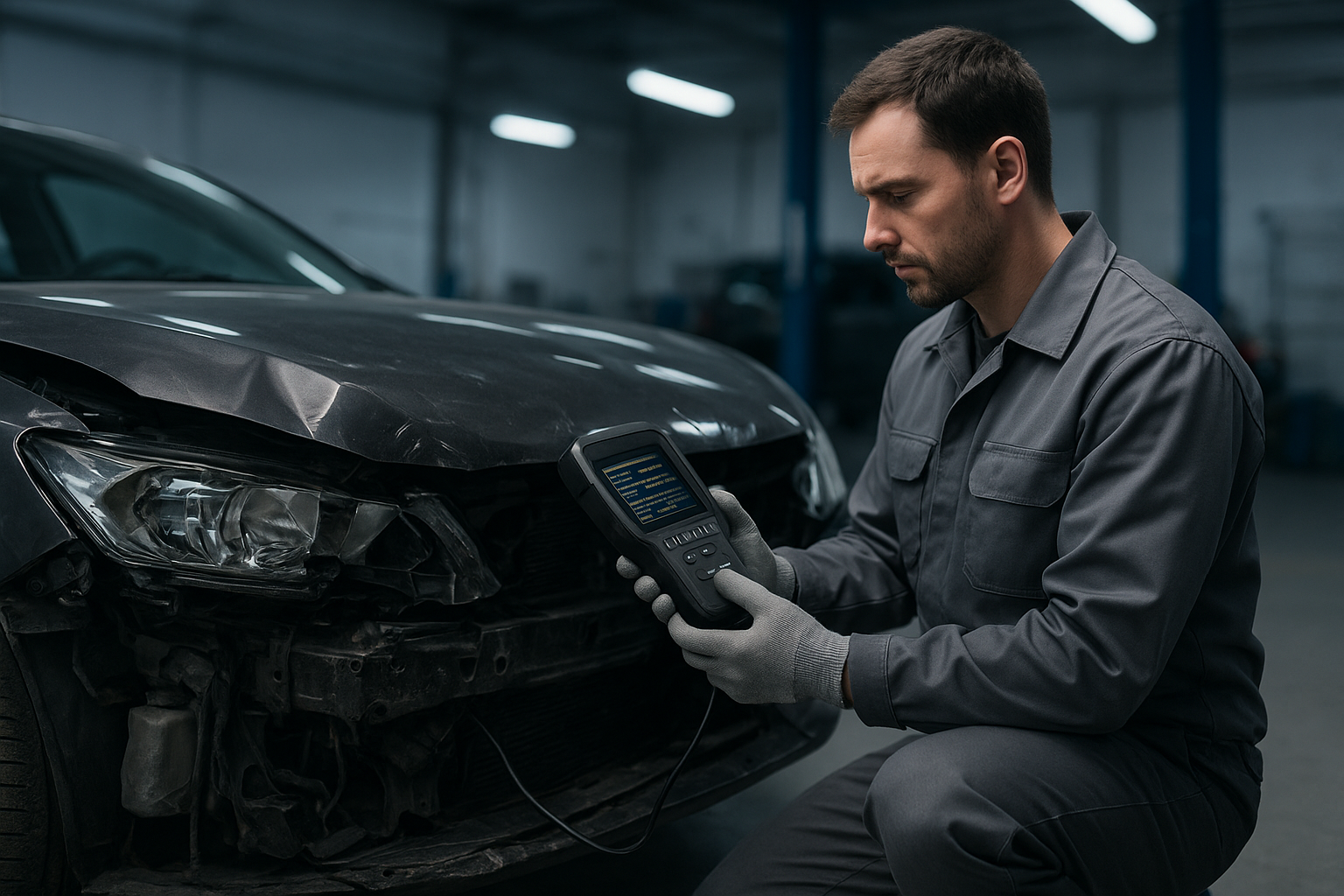 Technician performing electrical diagnostics after collision using an OBD-II scanner on a damaged vehicle