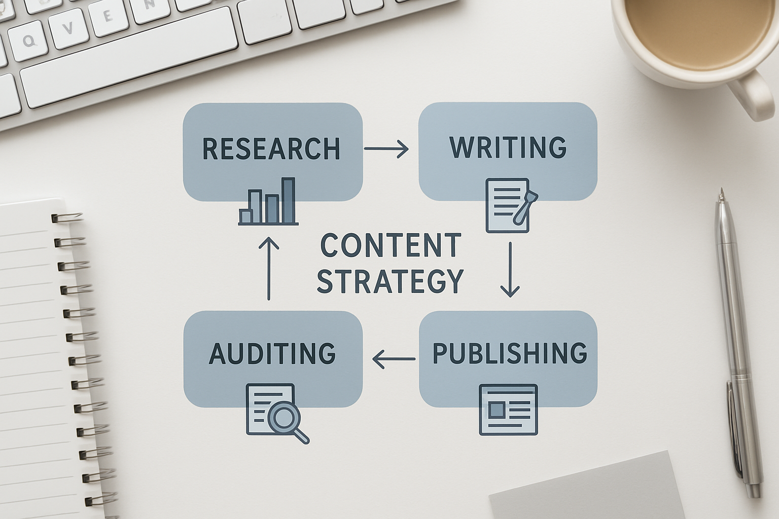 Four-stage SEO content workflow diagram showing research, writing, publishing, and AI audit phases