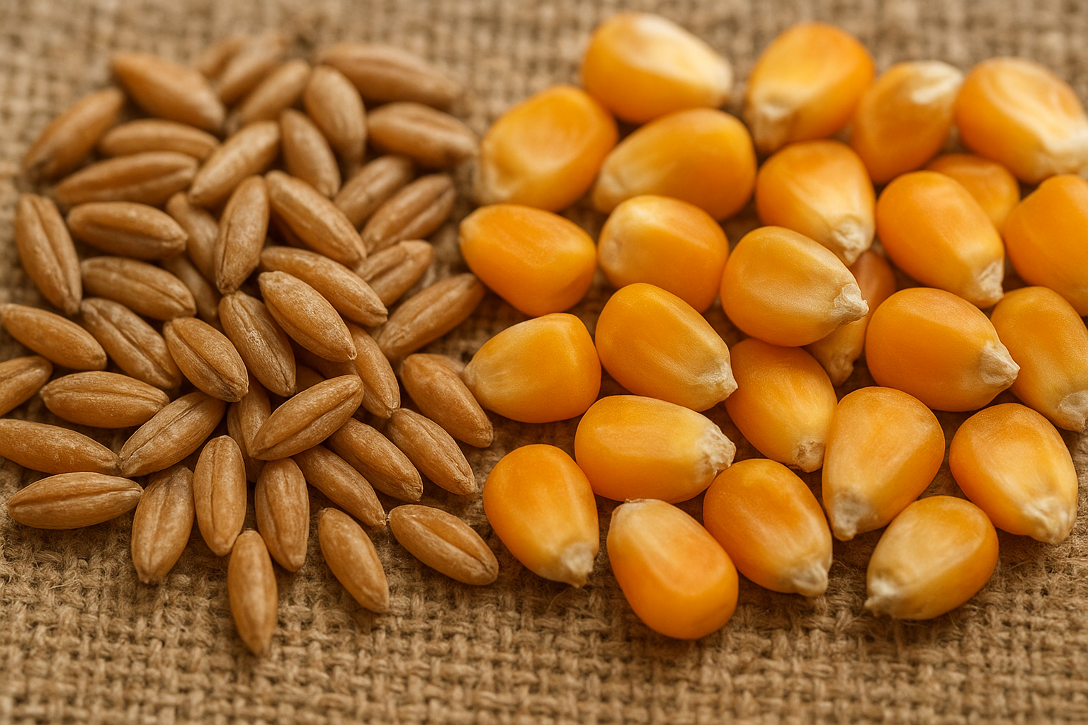 Close-up of organic Khorasan wheat grains and corn kernels used in whole grain cereal