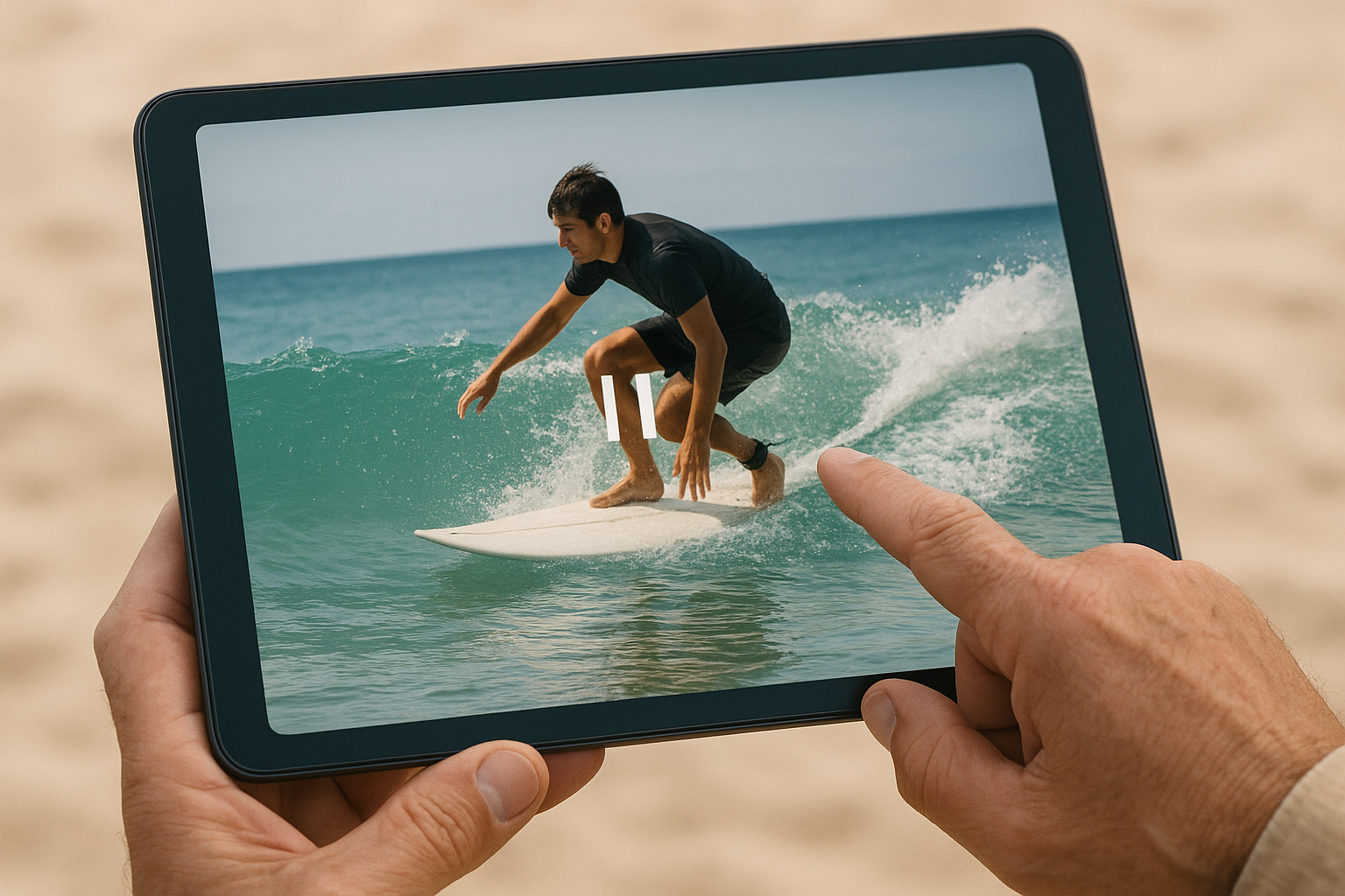 Tablet screen showing paused surf footage used for surf lessons with video analysis Waikiki
