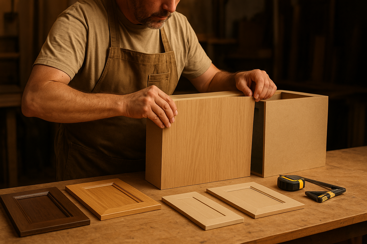 Craftsman applying veneer during a cabinet refacing installation