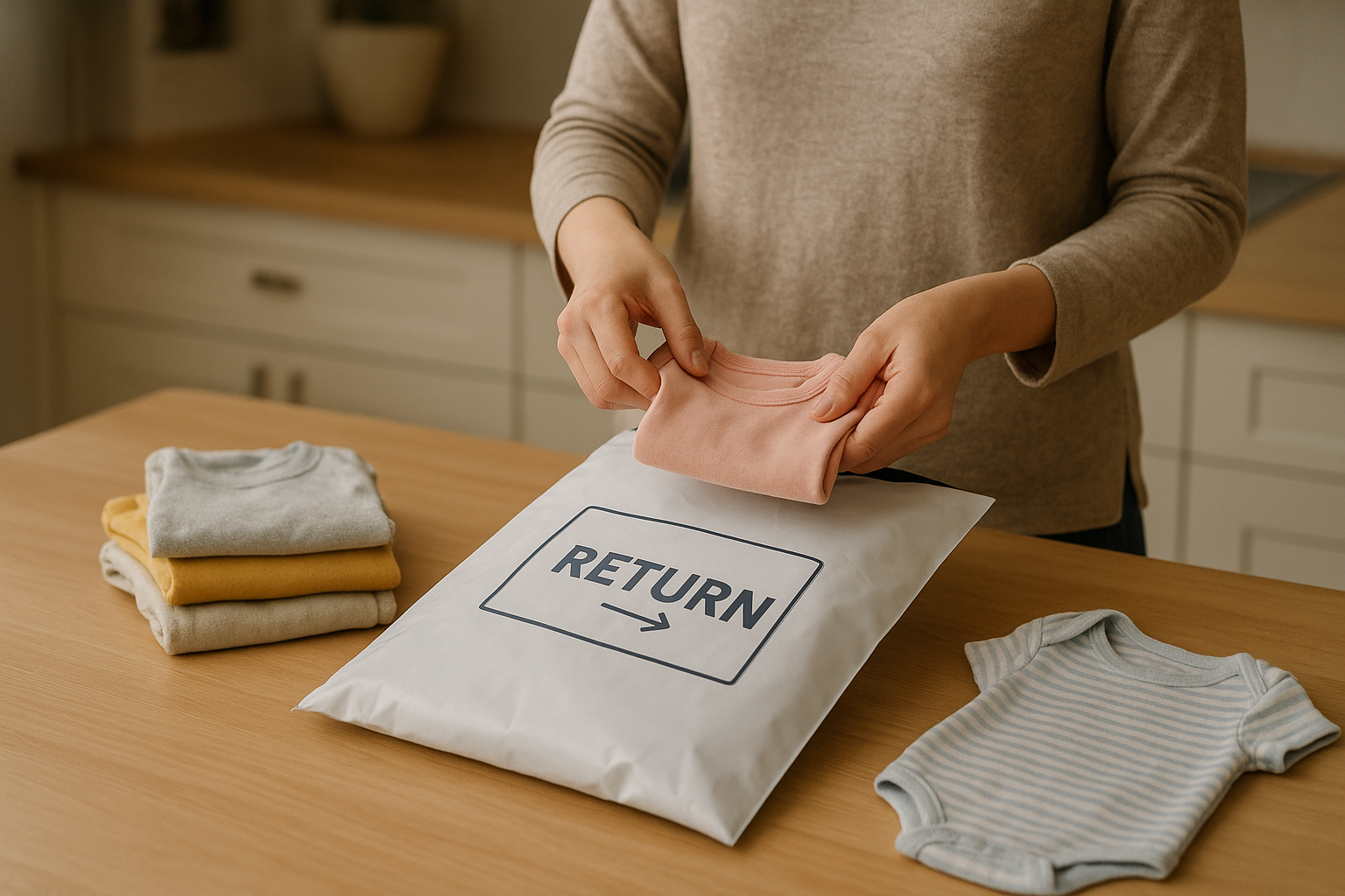 Parent folding outgrown kids clothing into a return bag as part of a wardrobe rental swap