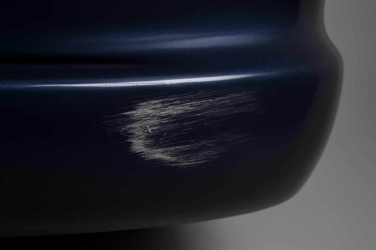 Close-up of a bumper scuff showing paint transfer and surface abrasion on a dark blue car