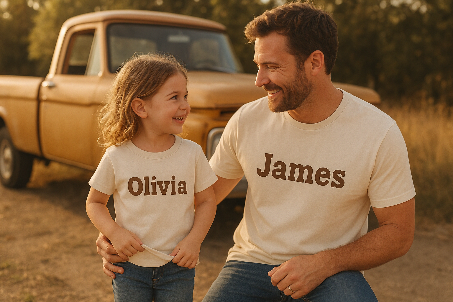 Parent and child wearing matching personalized t-shirt printing designs outdoors