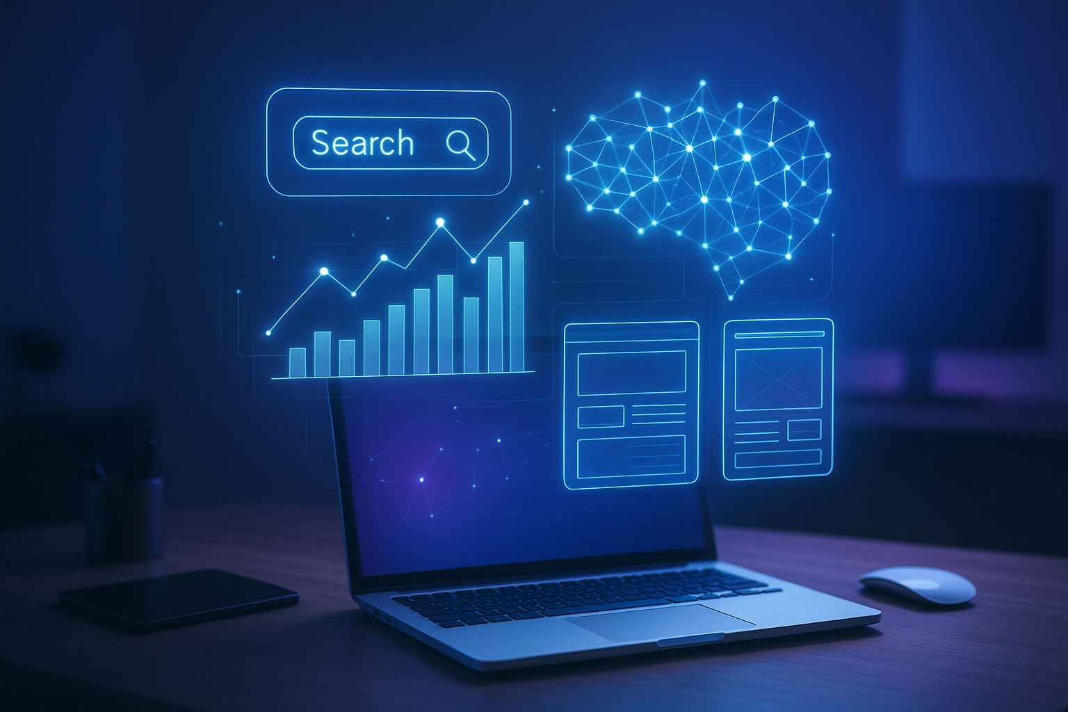 Abstract visualization of AI website optimization improving search rankings
