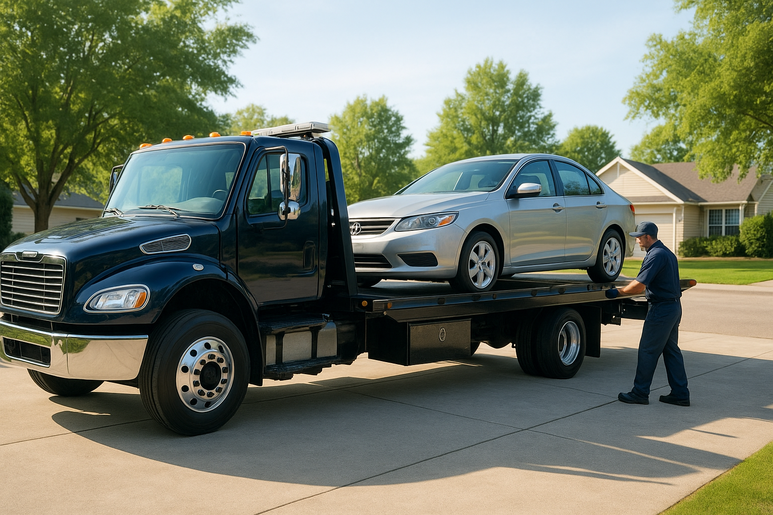 Professional driver loading a silver sedan for vehicle pickup and delivery for repairs