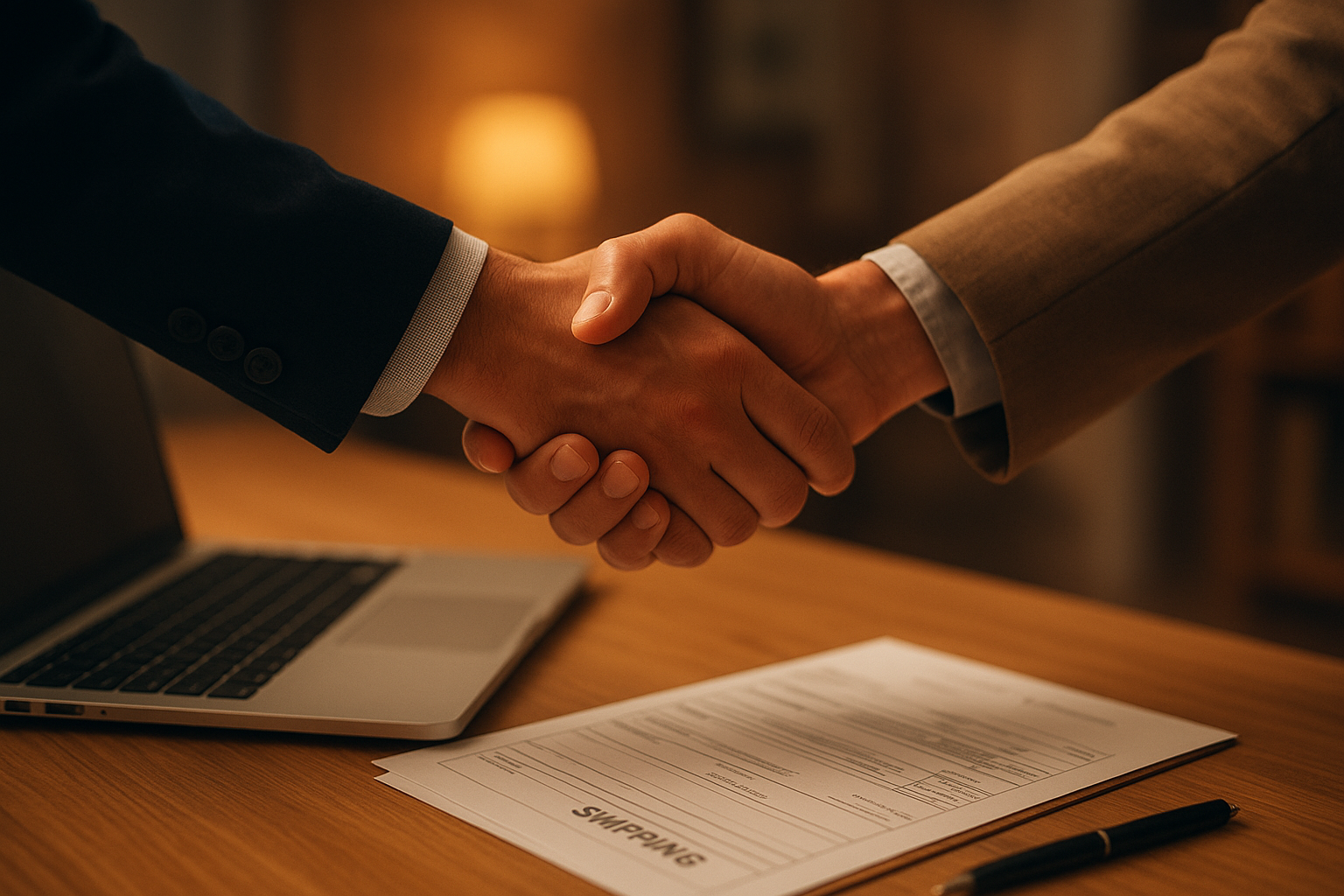 Handshake representing a freight agent partnership agreement with a logistics company