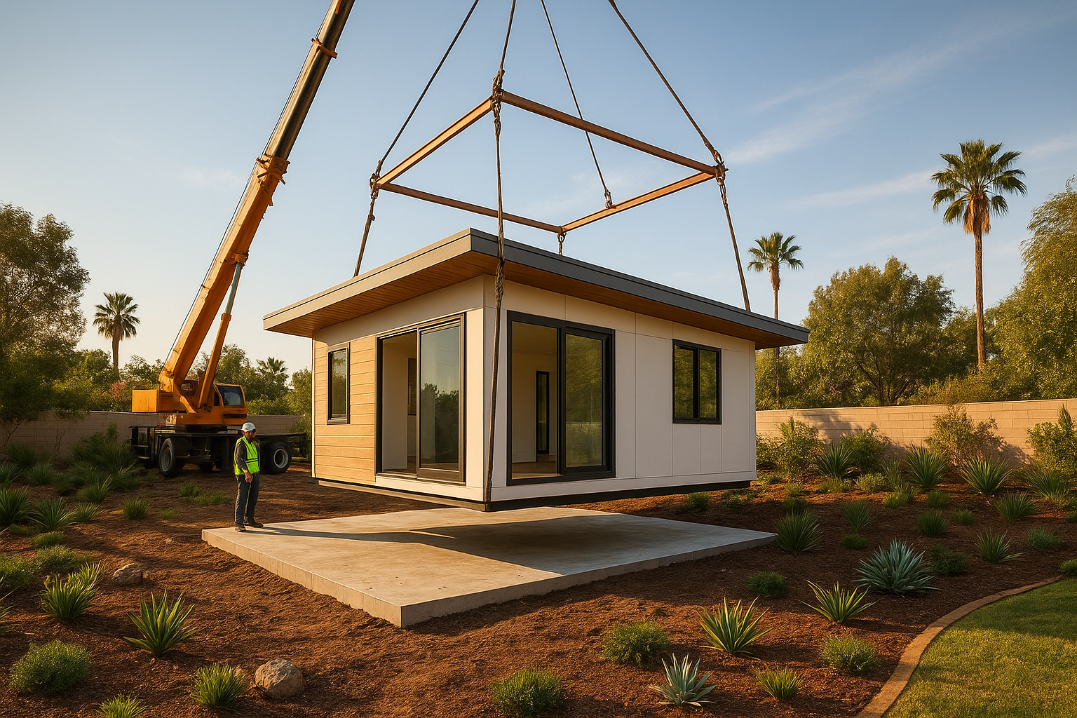 Crane installing a pre built home in California backyard on a concrete foundation