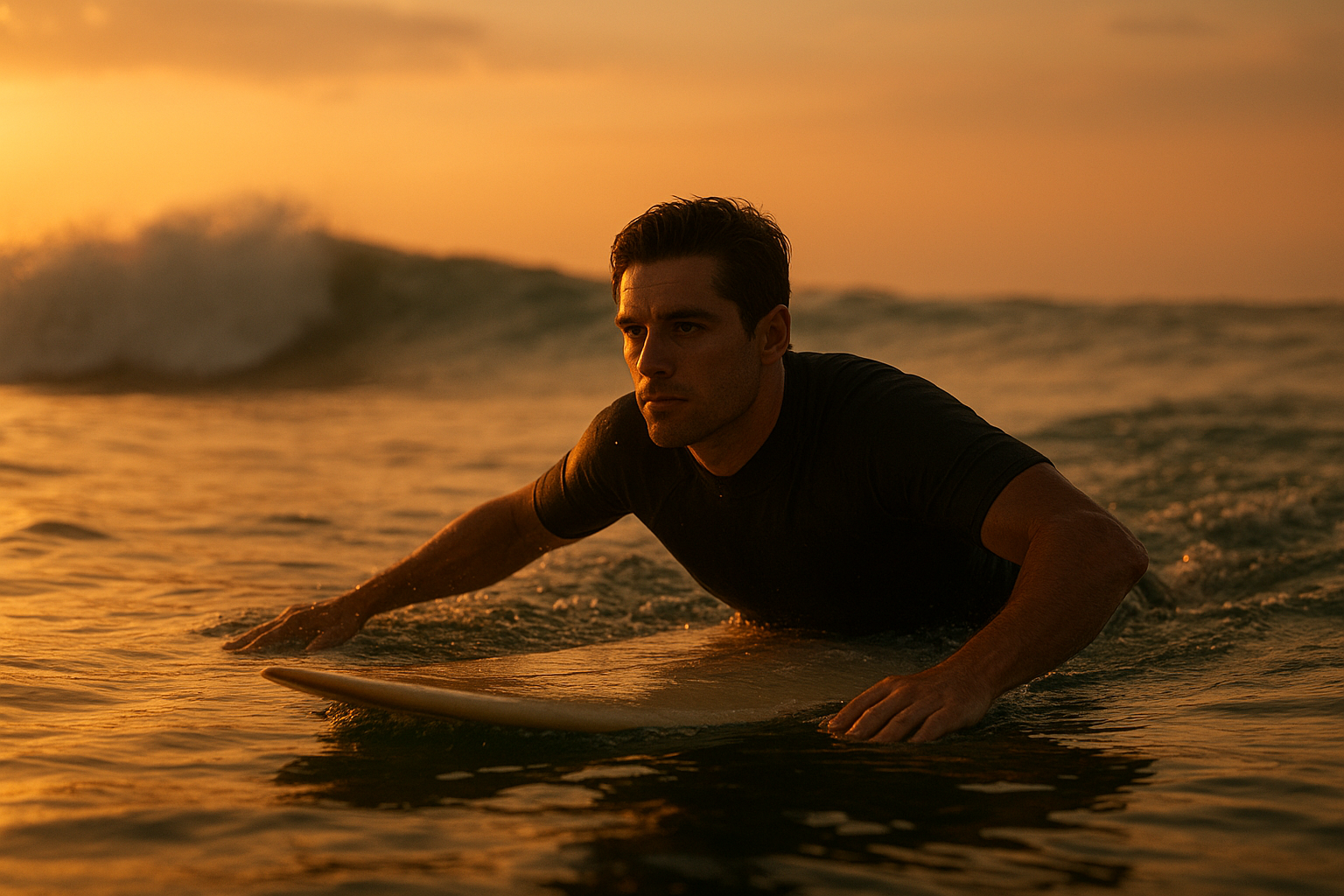 Confident surfer paddling through waves after completing safety training