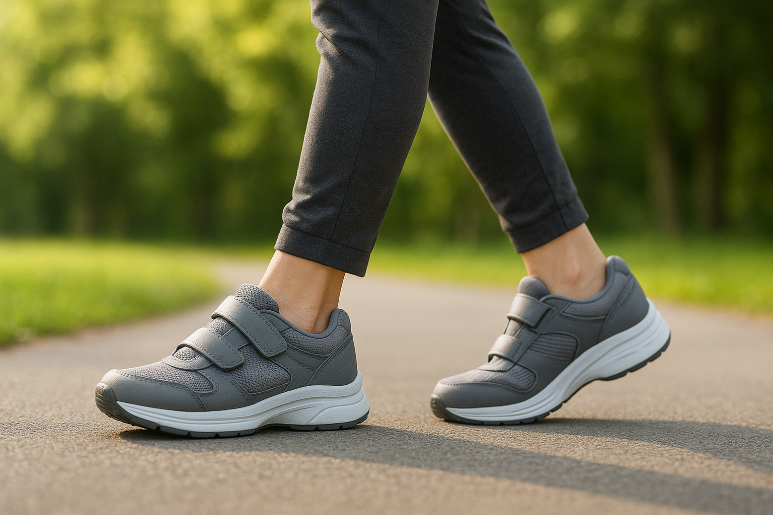 Person walking comfortably in orthopedic footwear after finding relief from foot pain