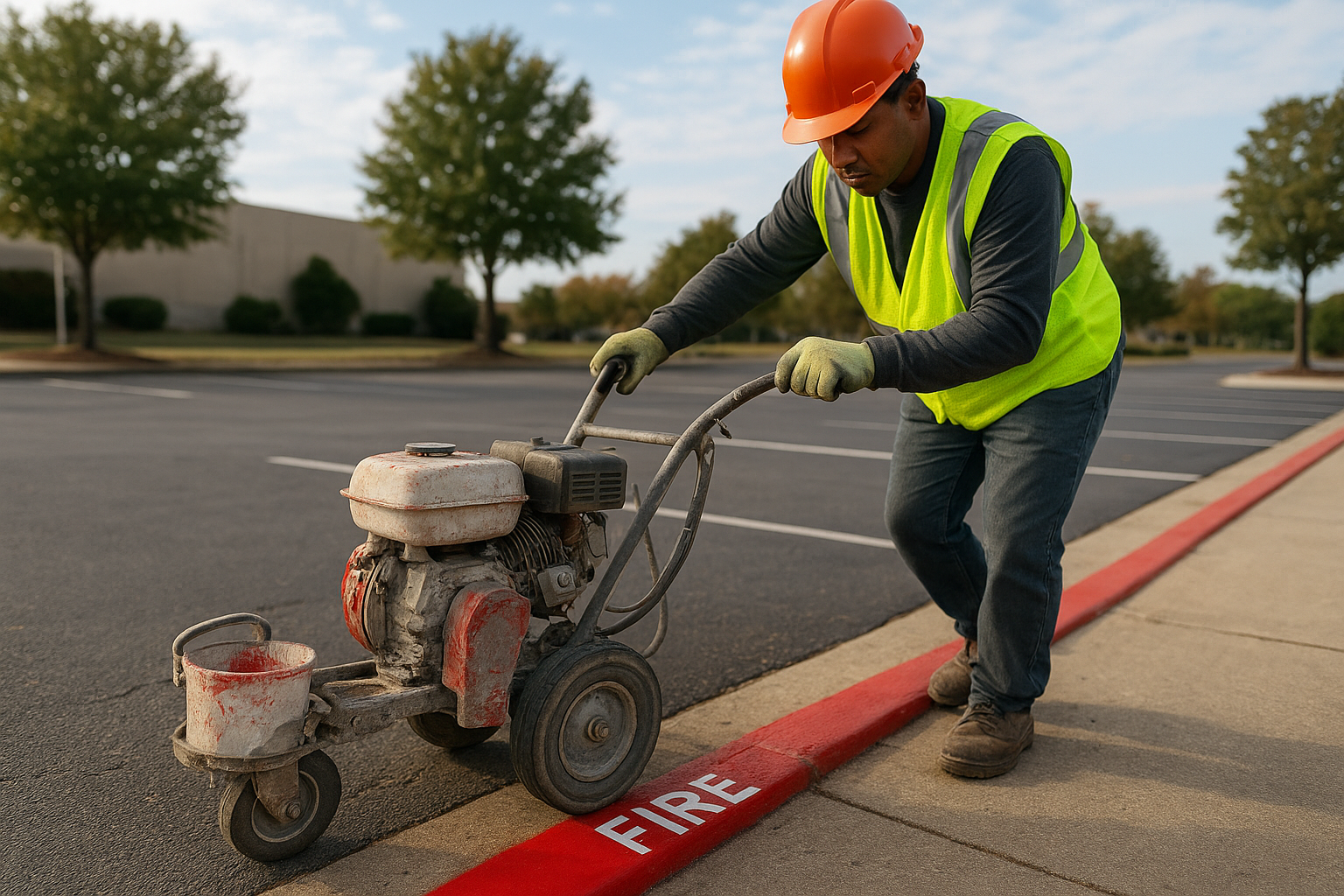 Professional striping crew applying red fire lane paint on a commercial curb