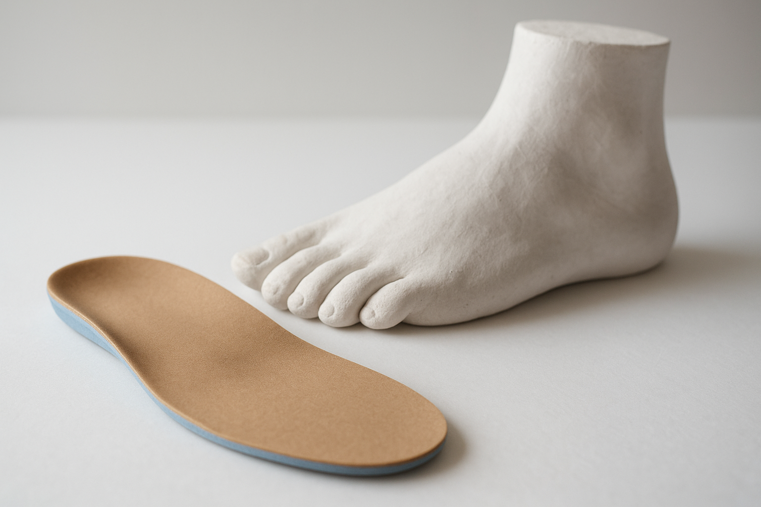 Custom orthotics for plantar fasciitis shown beside a foot mold used for fabrication